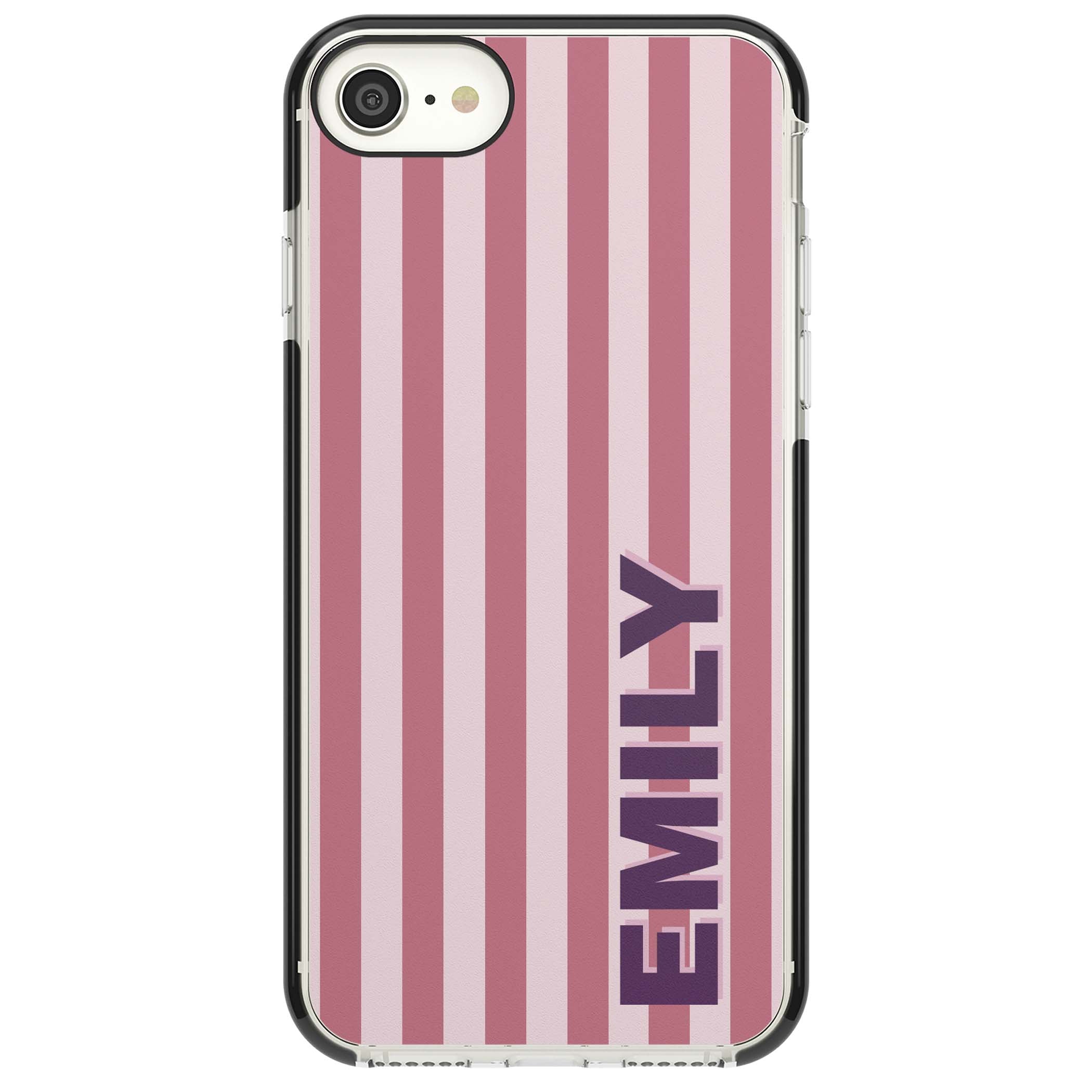 Victoria Stripe personalised iPhone case featuring pink vertical stripes and custom name in bold plum lettering | Black Impact case for iPhone SE