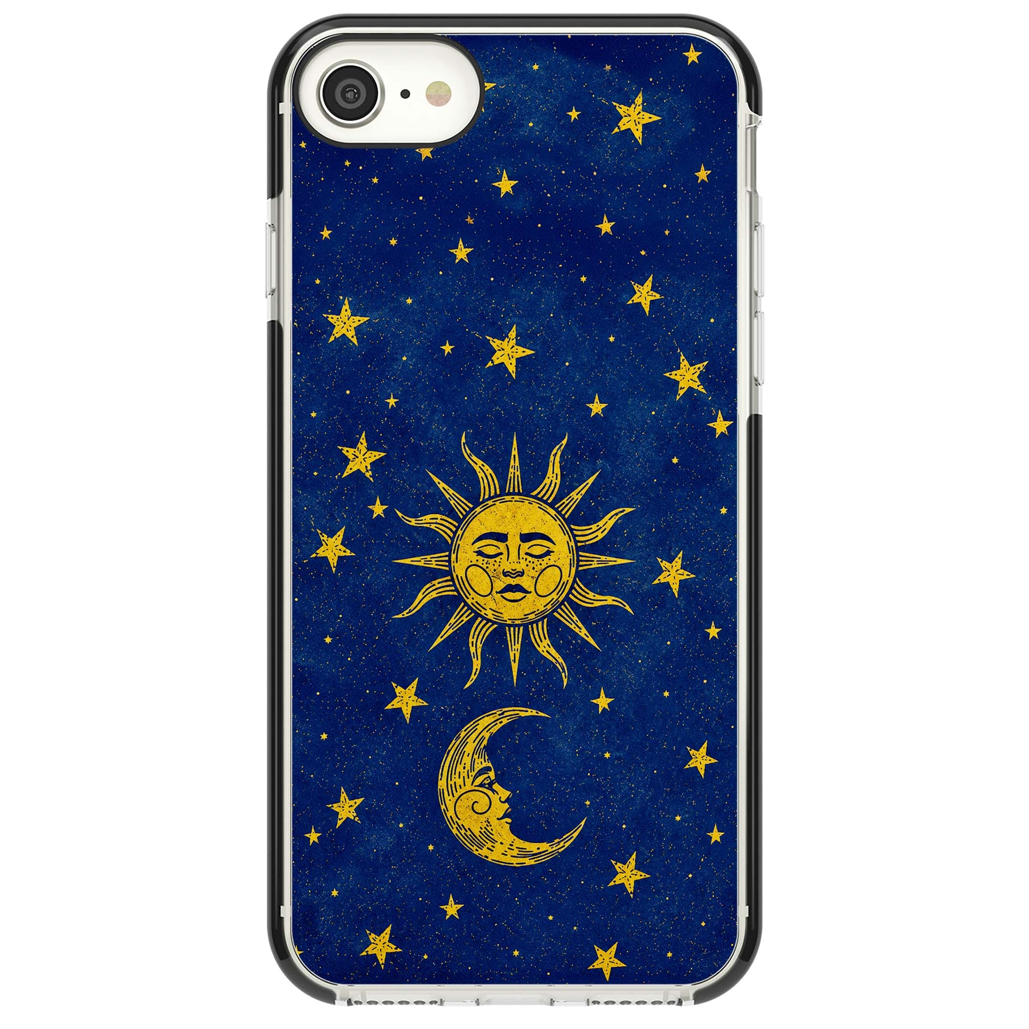 Sun & Moon Reverie celestial iPhone case featuring a vintage golden sun, crescent moon and scattered stars on midnight blue | Black Impact case for iPhone SE