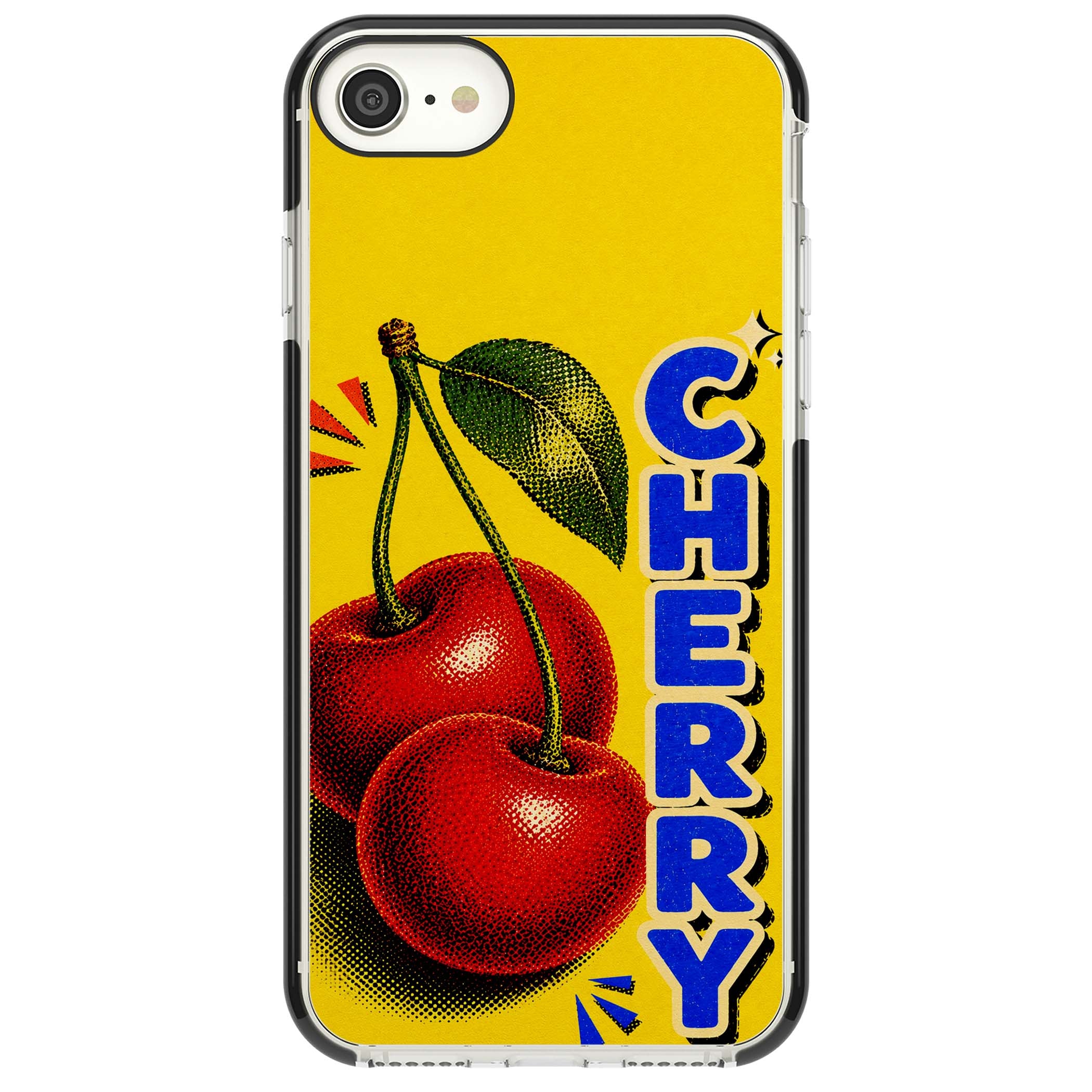 Cherry Yellow y2k iPhone case featuring two red cherries, halftone shading and bold blue CHERRY lettering on yellow | Black Impact case for iPhone SE