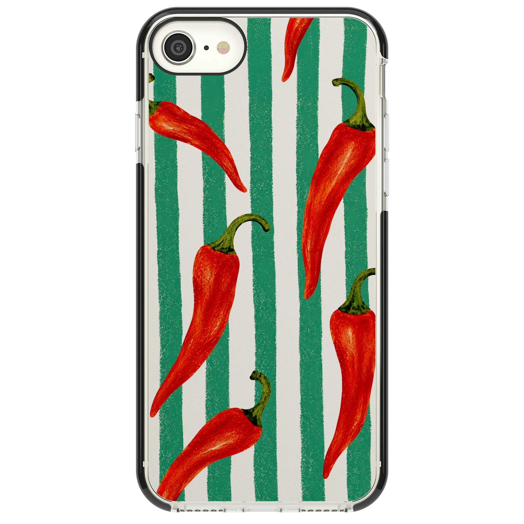 Striped Chillis coastal iPhone case featuring hand-painted red chili peppers on green and cream stripes | Black Impact case for iPhone SE