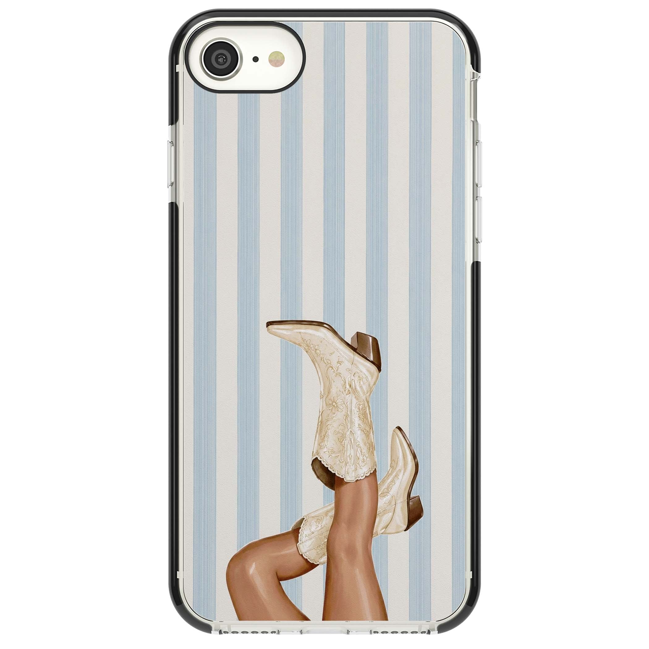 Cowgirl Boots coastal cowgirl iPhone case featuring embroidered western boots, tanned legs and a blue stripe backdrop | Black Impact case for iPhone SE