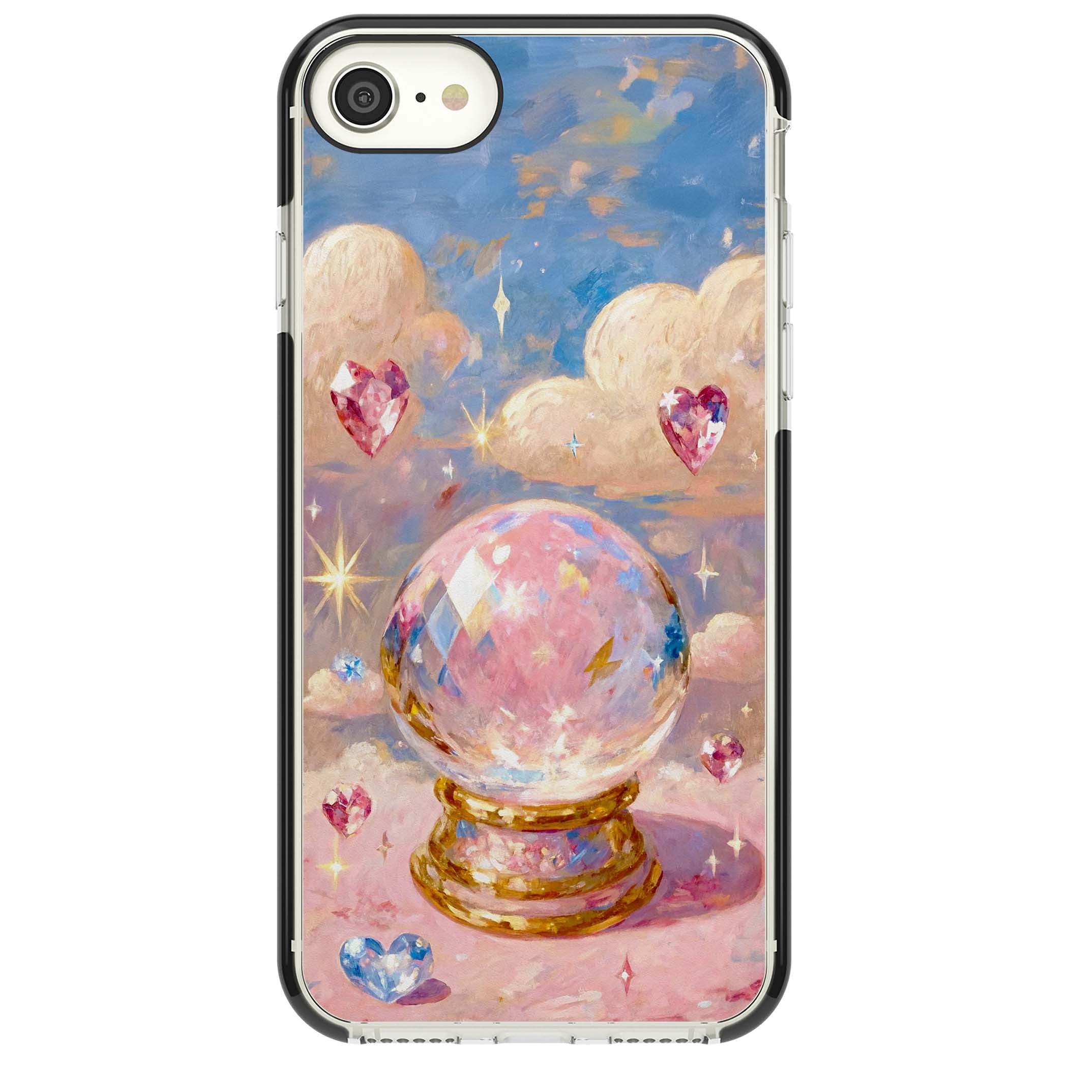 Crystal Ball fairycore iPhone case featuring a painted crystal ball, heart gemstones, and pastel clouds | Black Impact case for iPhone SE
