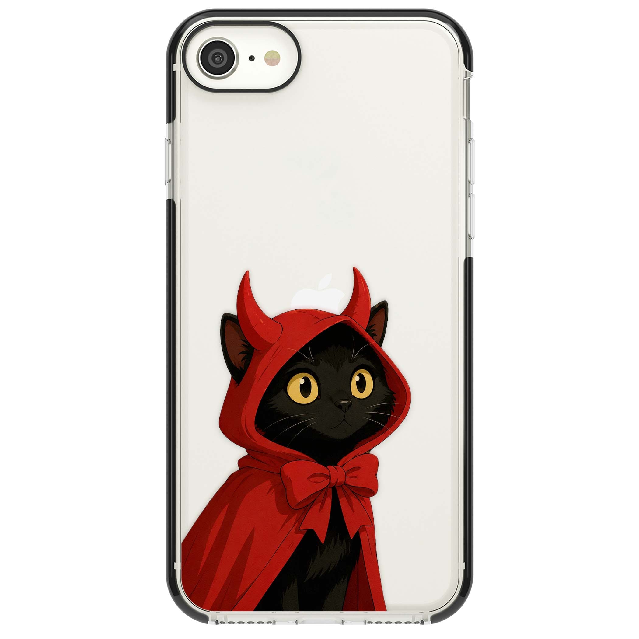 Little Devil halloween iPhone case featuring a black cat in a red hooded devil cloak with horns and golden eyes | Black Impact case for iPhone SE
