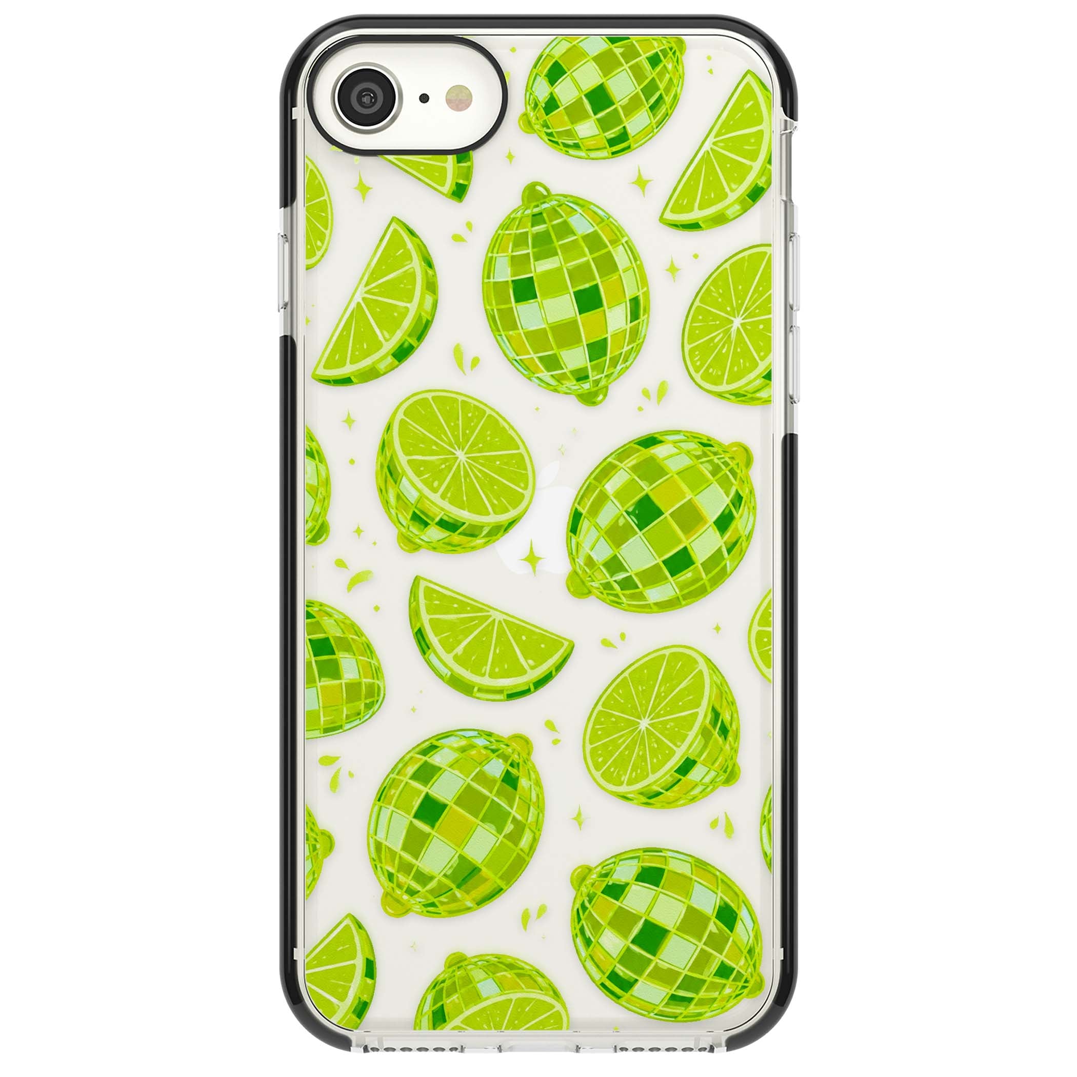 Disco Limes fruit aesthetic iPhone case featuring green disco balls, lime slices and citrus sparkles | Black Impact case for iPhone SE