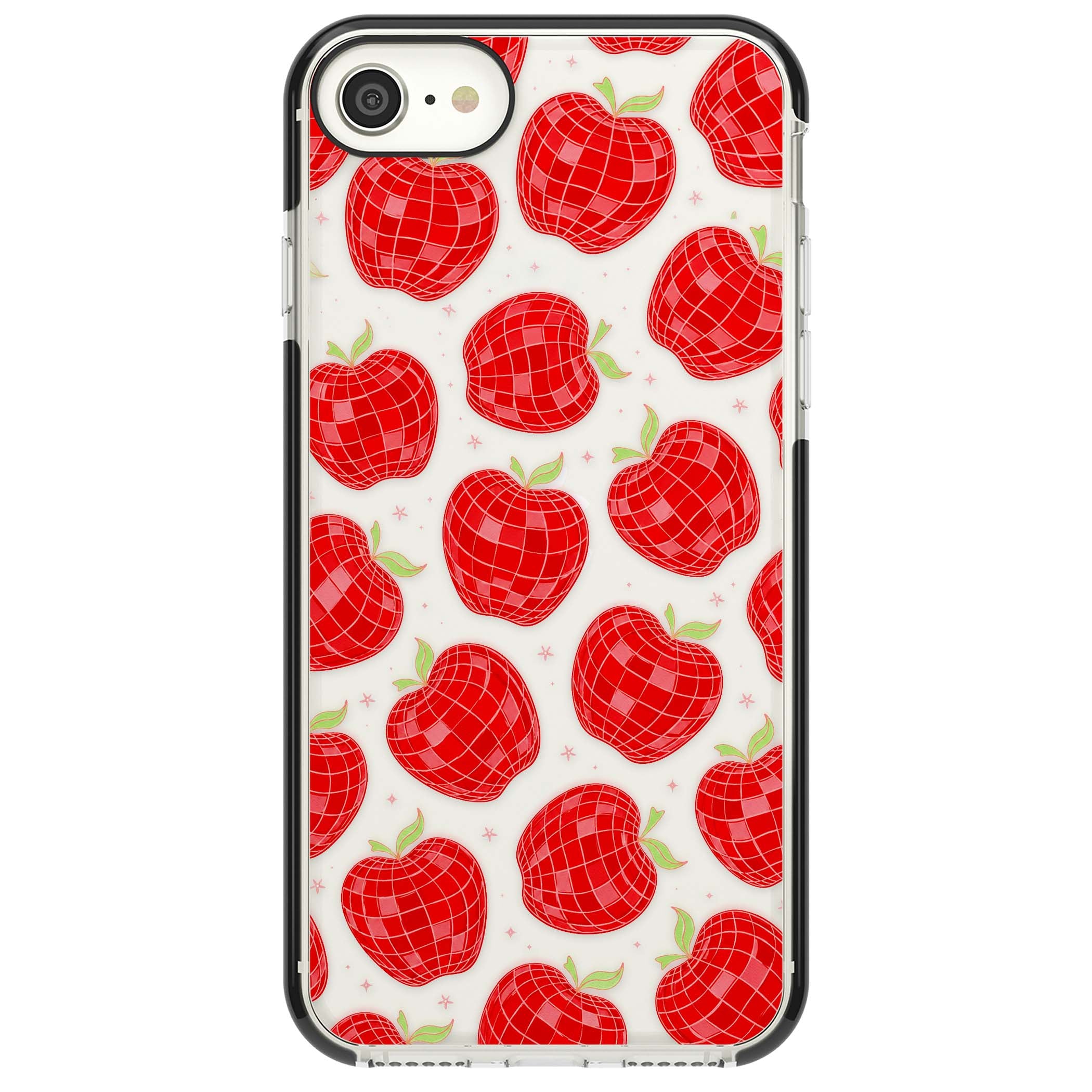 Disco Apples Y2K iPhone case featuring red disco ball apples, green leaves and pink sparkles on clear | Black Impact case for iPhone SE