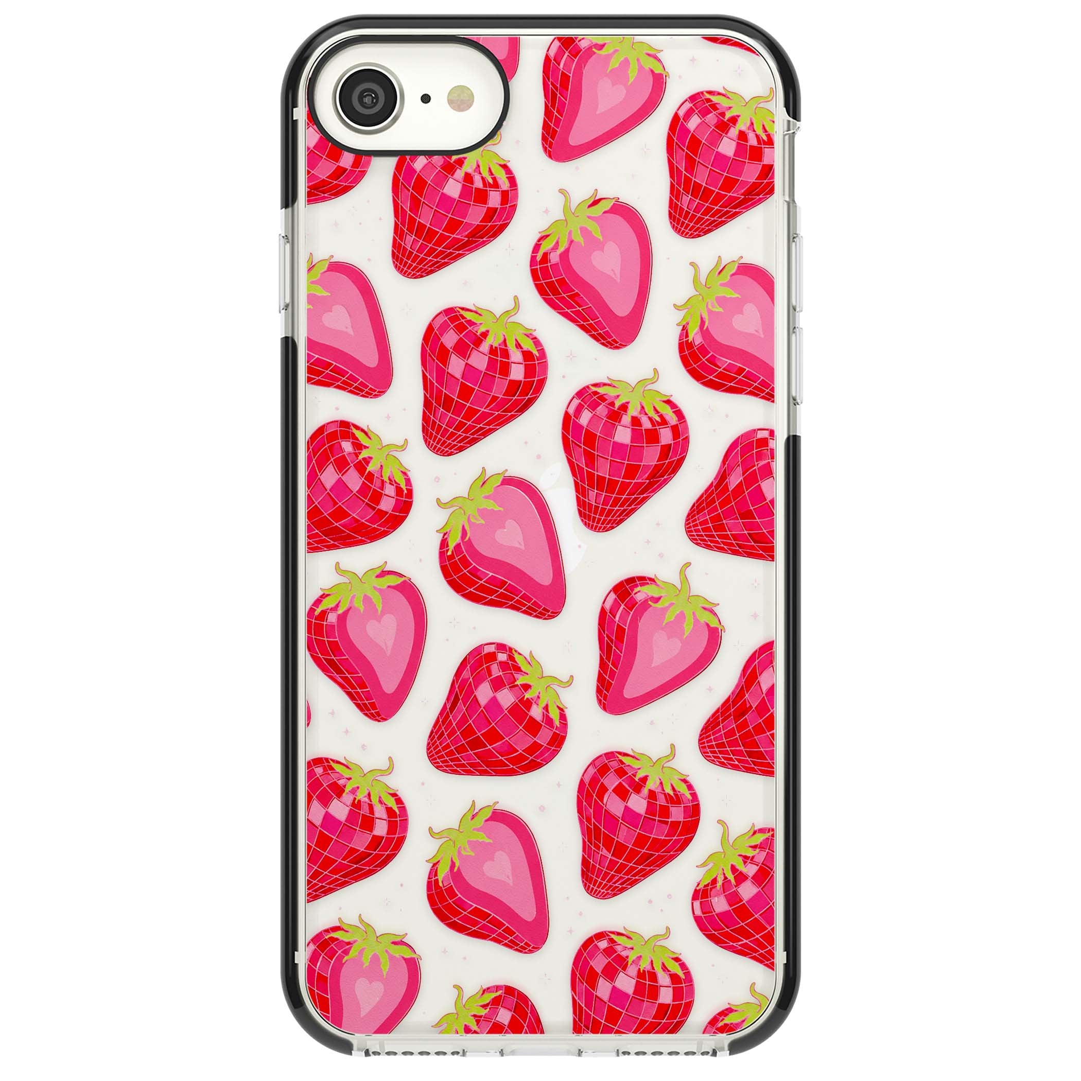 Disco Strawberry Y2K iPhone case featuring pink disco-ball strawberries, green leaves and tiny sparkles | Black Impact case for iPhone SE
