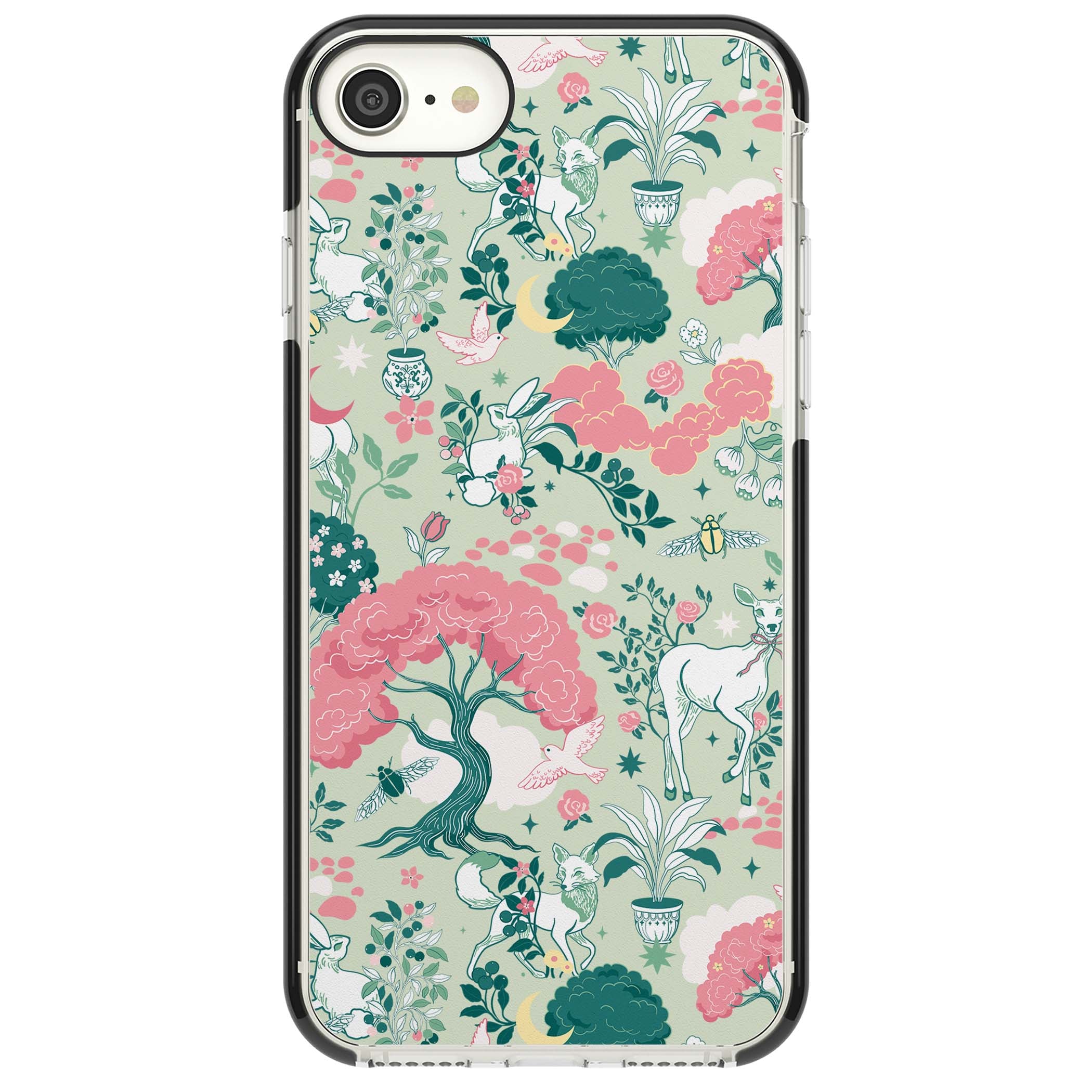 Enchanted Woodland cottagecore iPhone case featuring white deer, pink roses, mushrooms and woodland animals on sage green | Black Impact case for iPhone SE