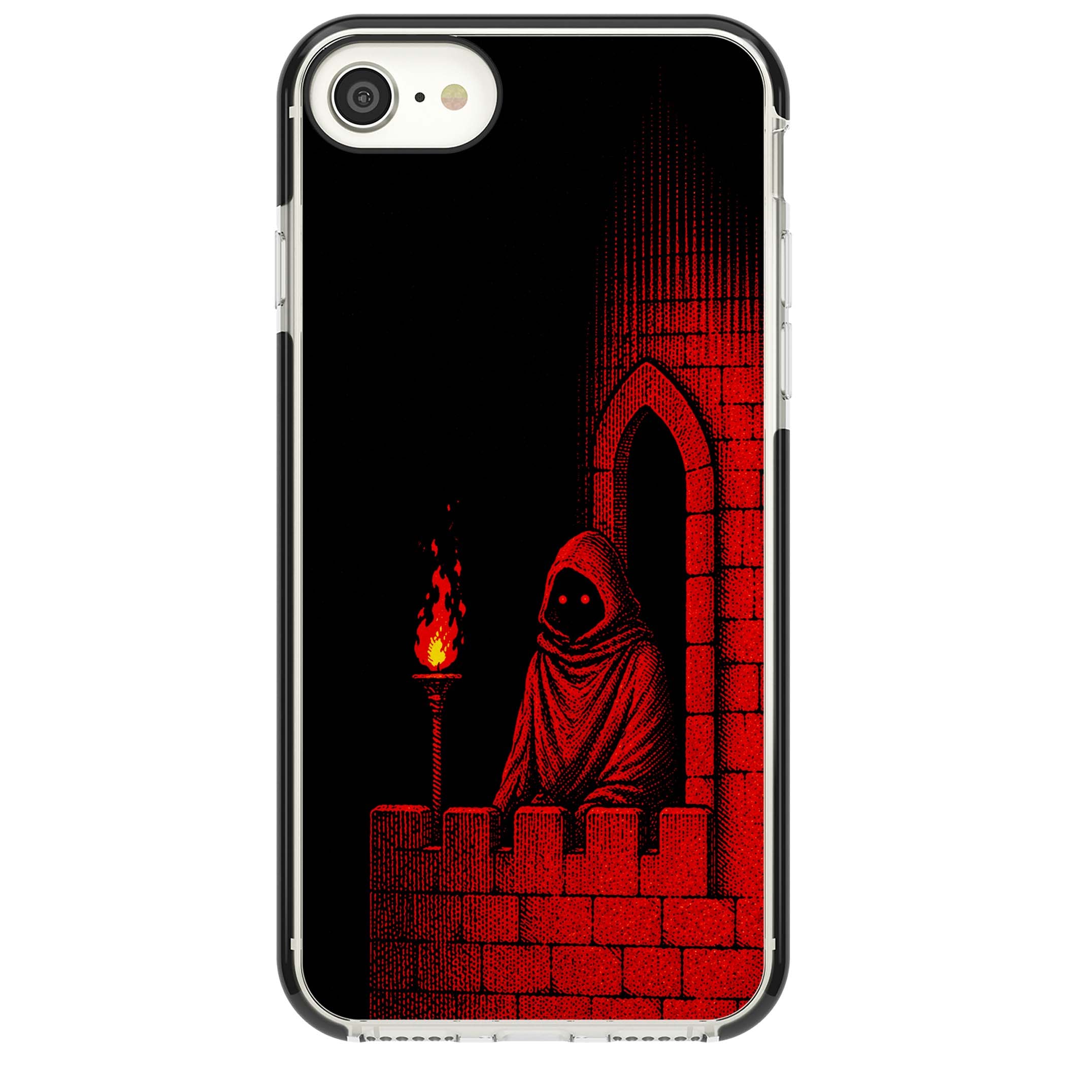 Crimson Crypt gothic iPhone case featuring a hooded reaper, torchlit crypt archway and red halftone horror art | Black Impact case for iPhone SE