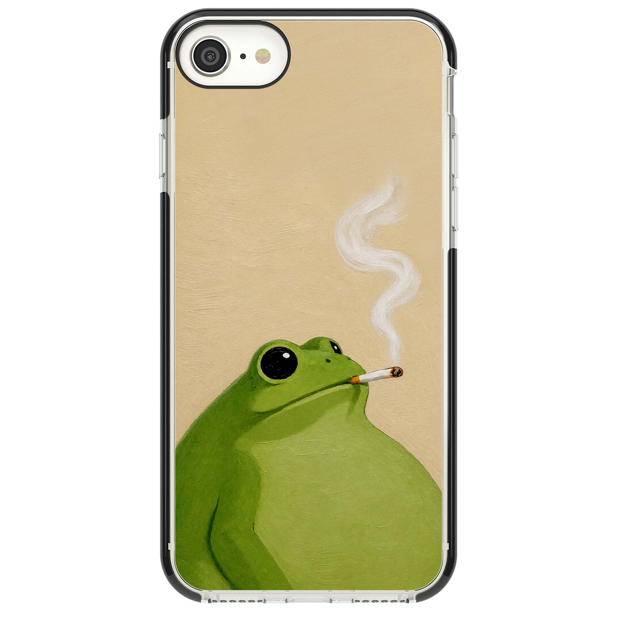 The Smoking Frog cottagecore iPhone case featuring a hand-painted green frog smoking a cigarette on a cream oil painting back | Black Impact case for iPhone SE