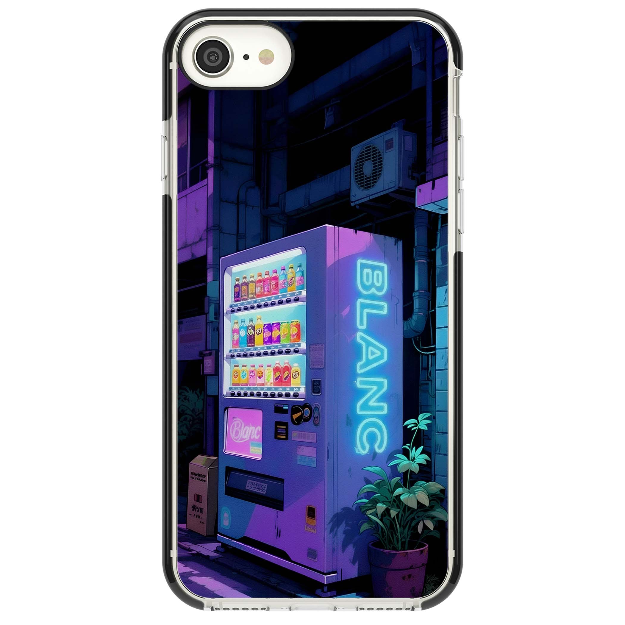 Shibuya Glow Japanese iPhone case featuring a glowing Tokyo vending machine, neon signage, and moody purple alleyway | Black Impact case for iPhone SE