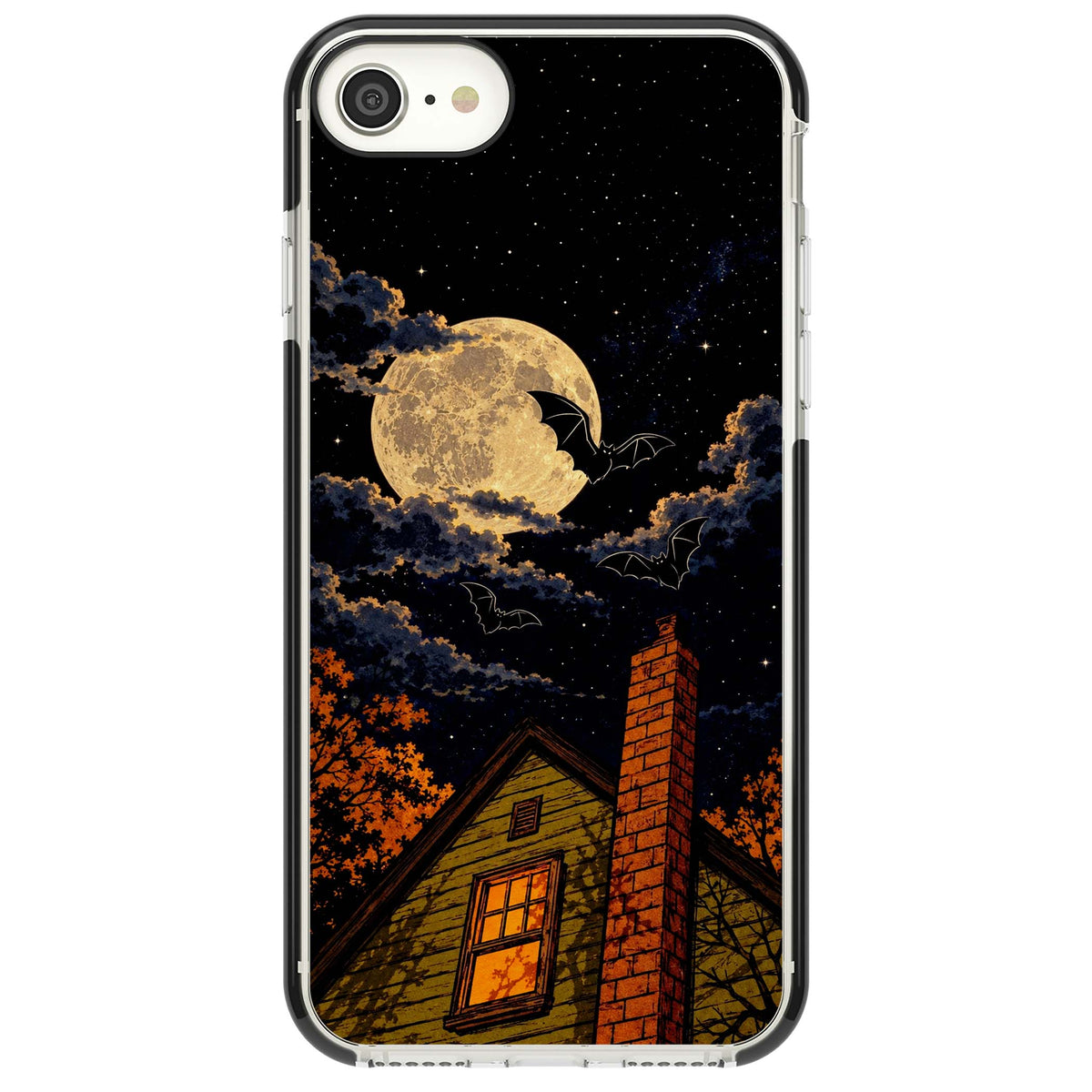 Hollows Eve Halloween iPhone case featuring a haunted house, full moon and flying bats against a starry autumn sky | Black Impact case for iPhone SE