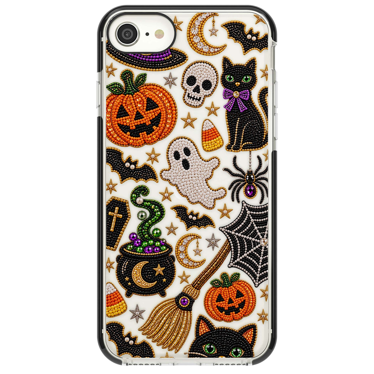 Beaded Halloween Halloween iPhone case featuring beaded pumpkins, ghosts, black cats and bats | Black Impact case for iPhone SE