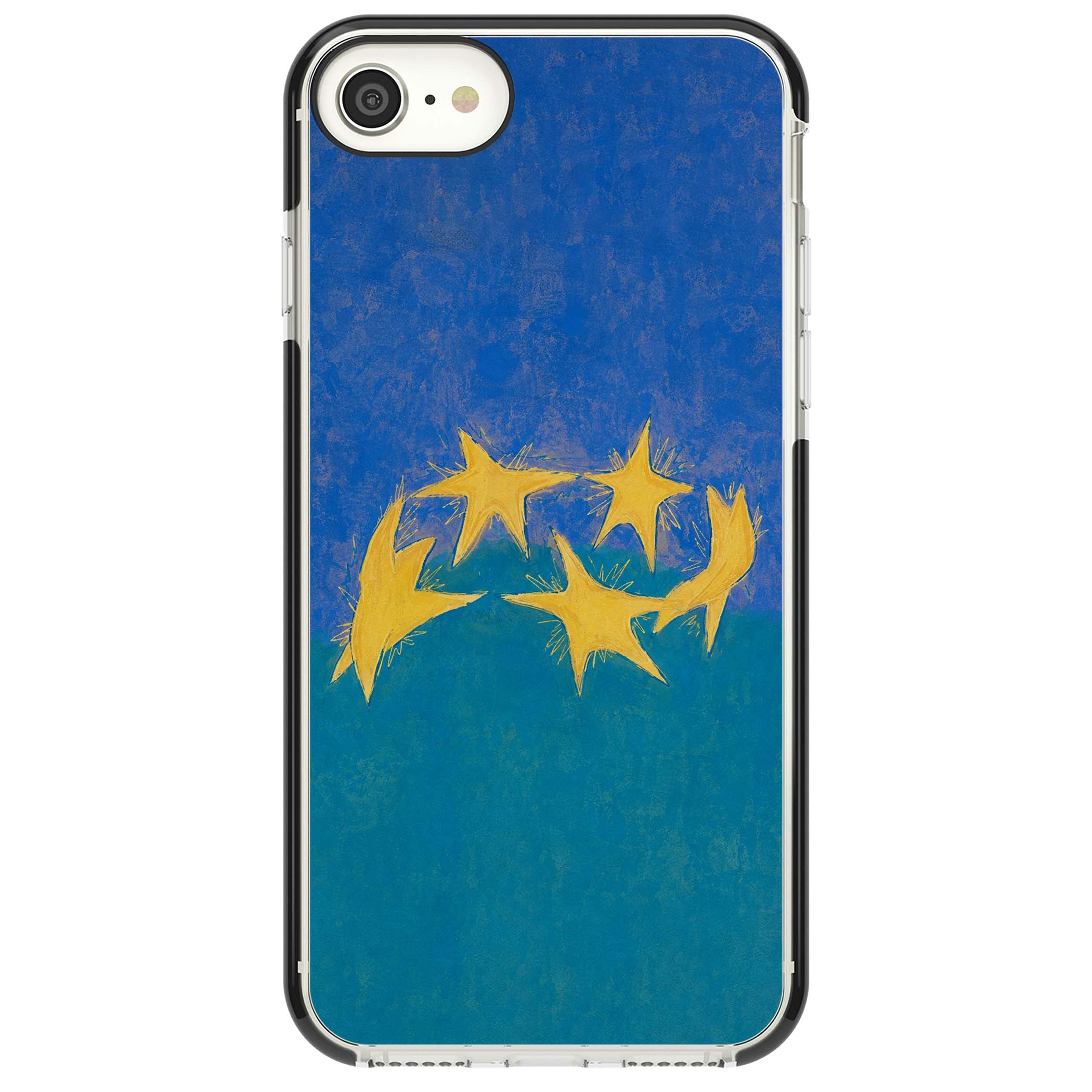 Star Boogie stars aesthetic iPhone case featuring five yellow hand-painted stars on cobalt blue and teal | Black Impact case for iPhone SE