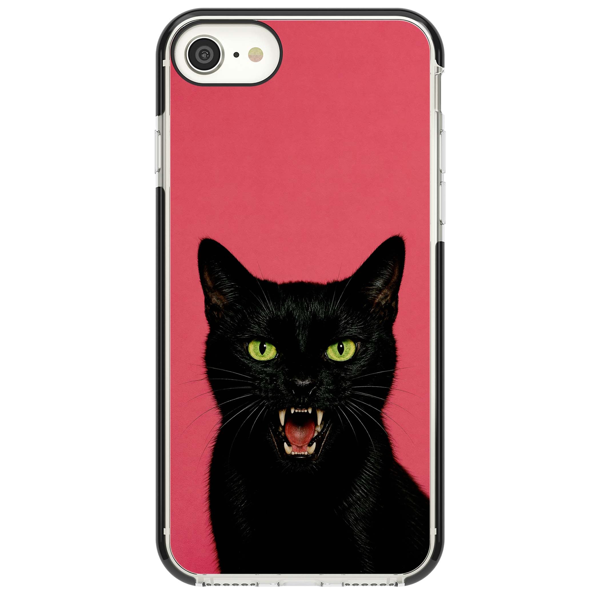 Hissin' Baddie black cat iPhone case featuring a hissing feline with green eyes on a hot pink background | Black Impact case for iPhone SE