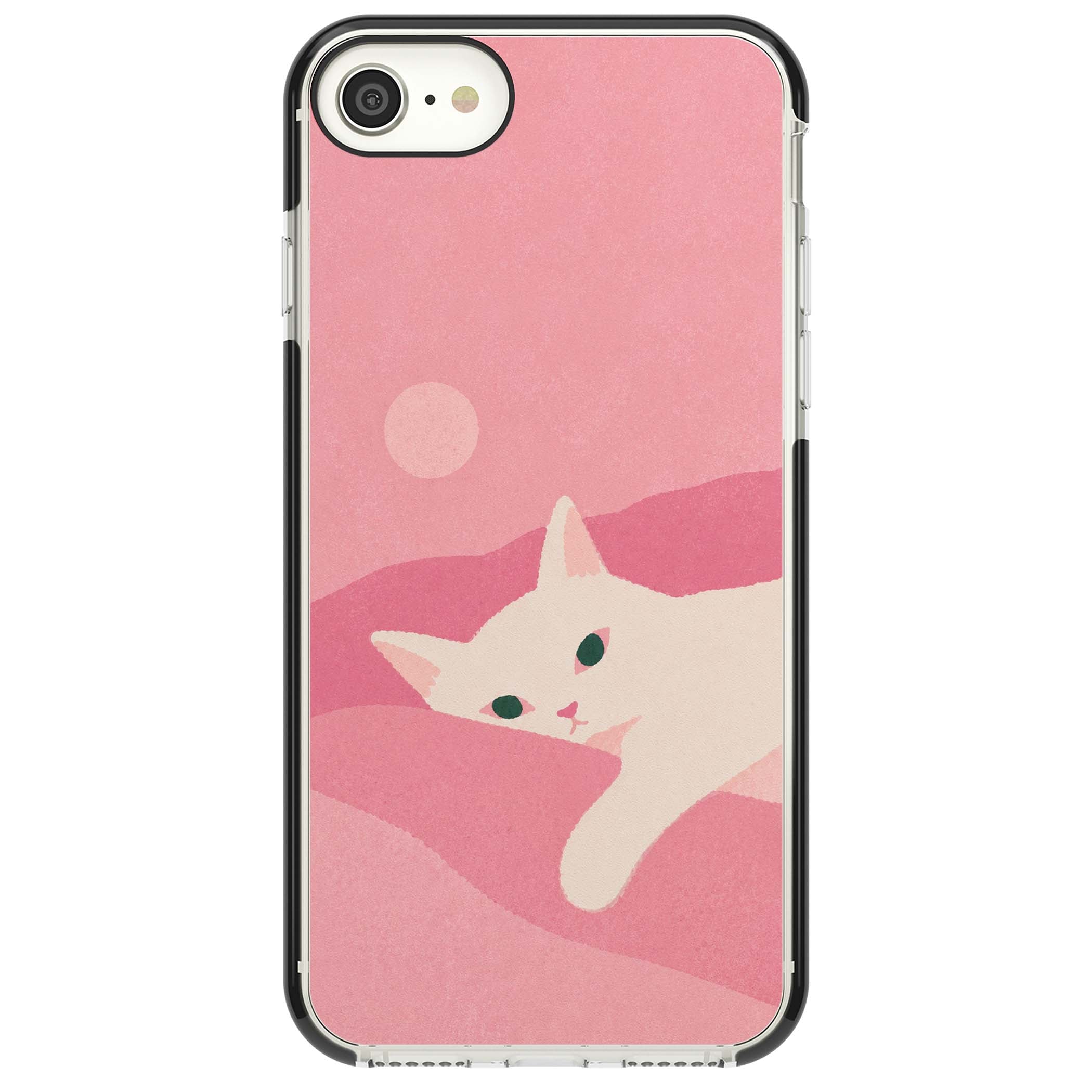 Pink Dreams cute cat iPhone case featuring a white kitten, soft pink hills and a pale pastel sun | Black Impact case for iPhone SE