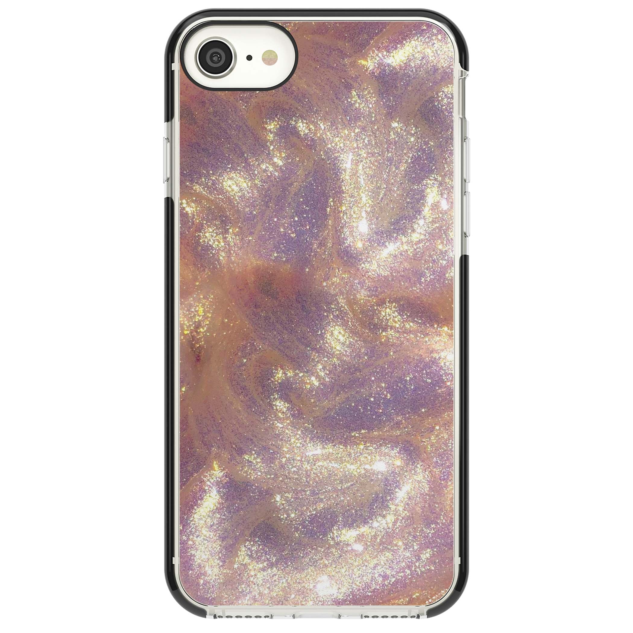 Shimmer marble iPhone case featuring rose gold glitter swirls, lilac shimmer and iridescent pearl finish | Black Impact case for iPhone SE