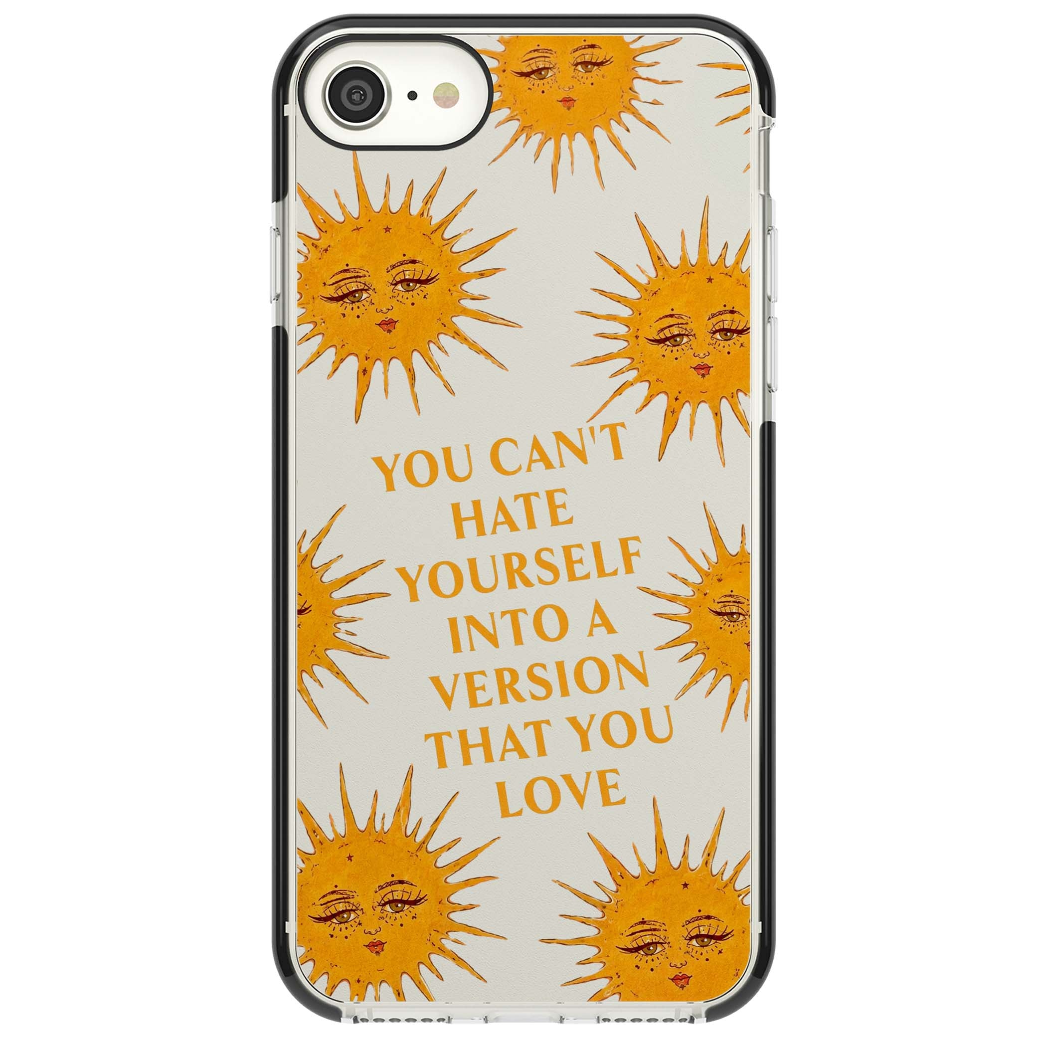 Don't Hate Yourself celestial iPhone case featuring vintage sun faces, ochre rays and a self-love quote | Black Impact case for iPhone SE