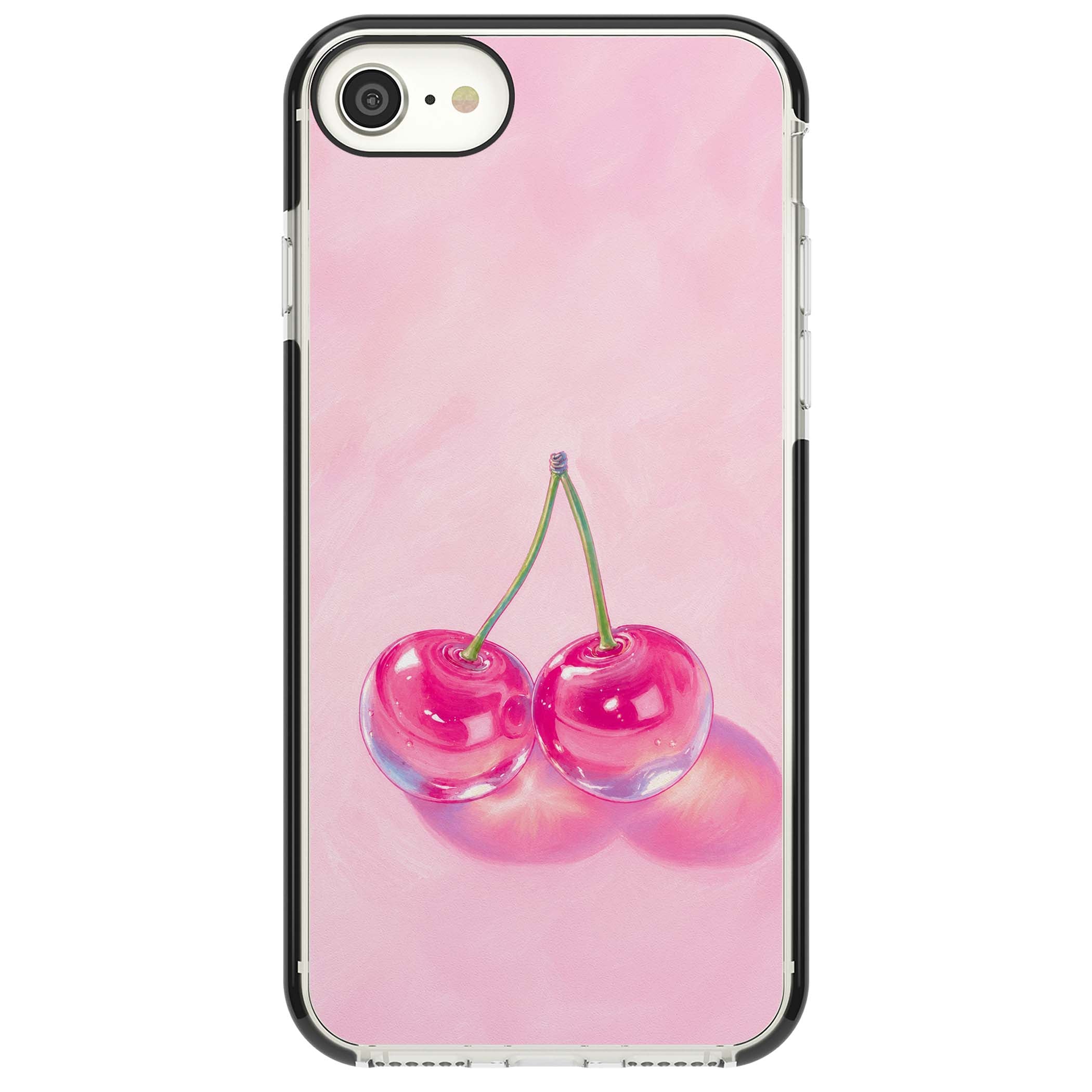 Pink Glass Cherry coquette iPhone case featuring two glossy painted cherries on a soft pink background | Black Impact case for iPhone SE