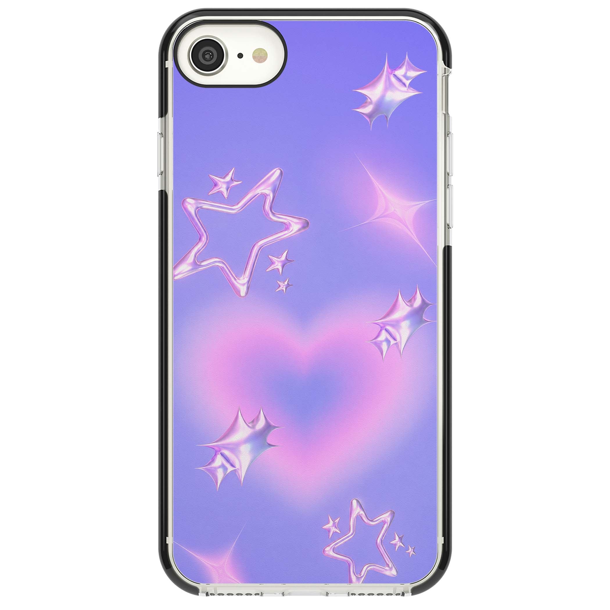Soft Sugar Y2K iPhone case featuring iridescent chrome hearts, metallic pink stars and a lavender gradient sky | Black Impact case for iPhone SE