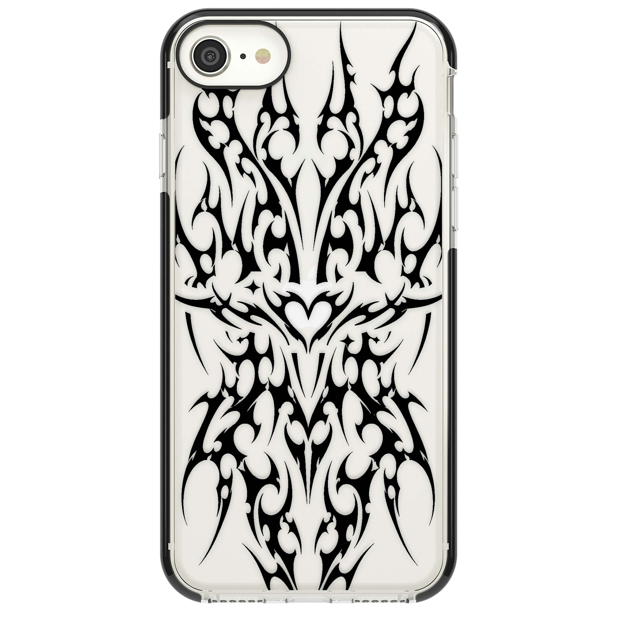 Neo Tribal Heart gothic iPhone case featuring symmetrical black tribal tattoo art with sharp thorn-like linework | Black Impact case for iPhone SE