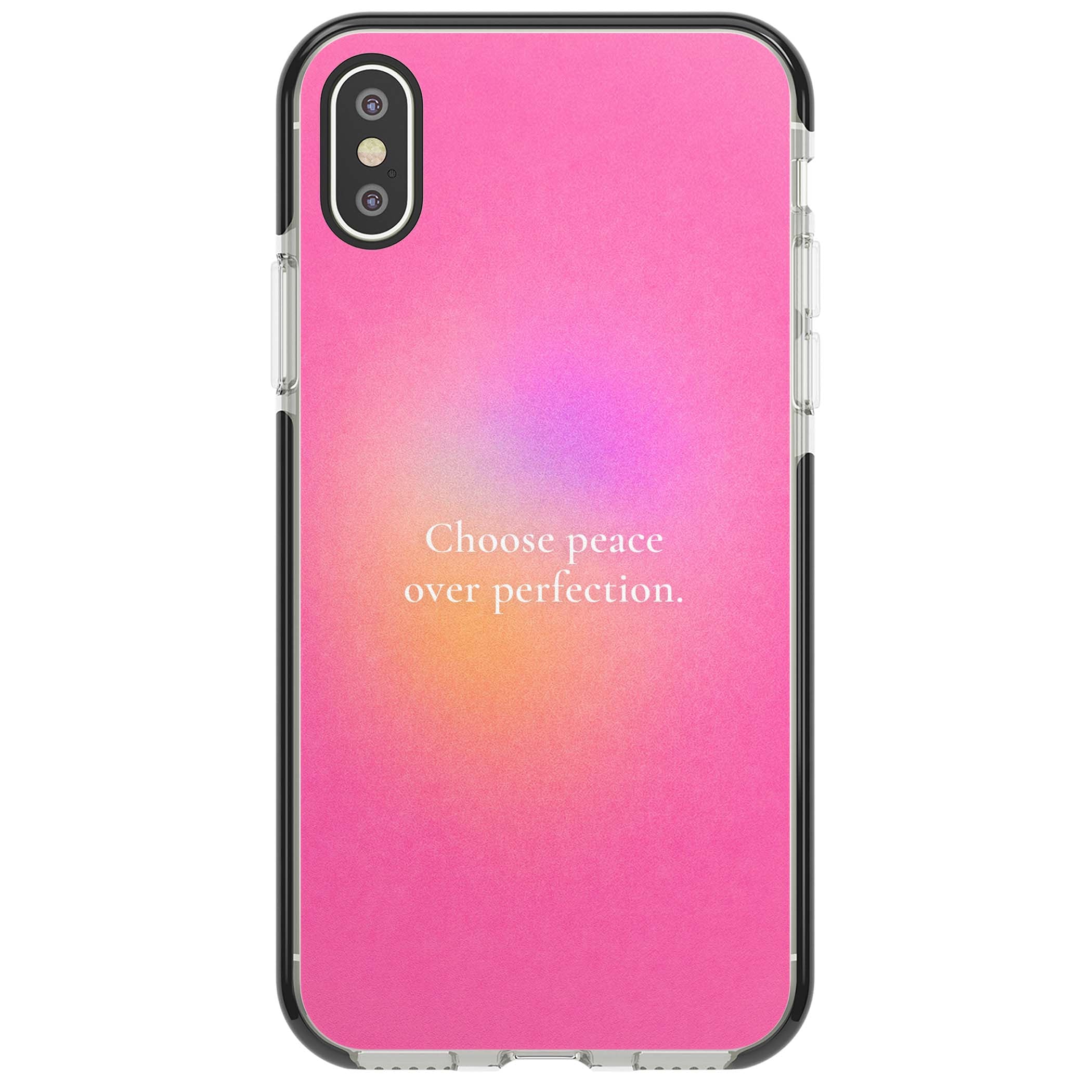 Peace Over Perfection quote iPhone case featuring a dreamy pink aura gradient and delicate white affirmation text | Black Impact case for iPhone X, iPhone XS Max, iPhone XR