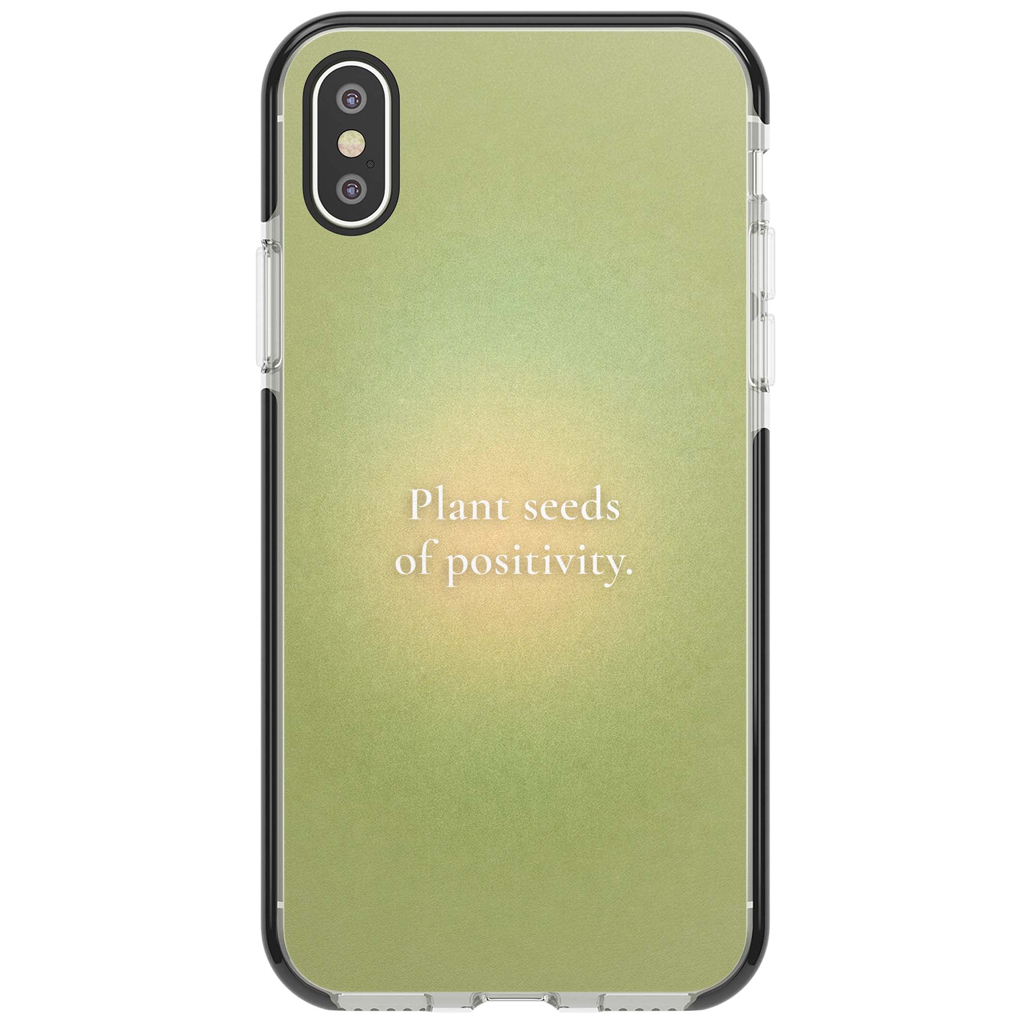 Seeds of Positivity quote iPhone case featuring a sage green aura gradient and golden glow affirmation | Black Impact case for iPhone X, iPhone XS Max, iPhone XR