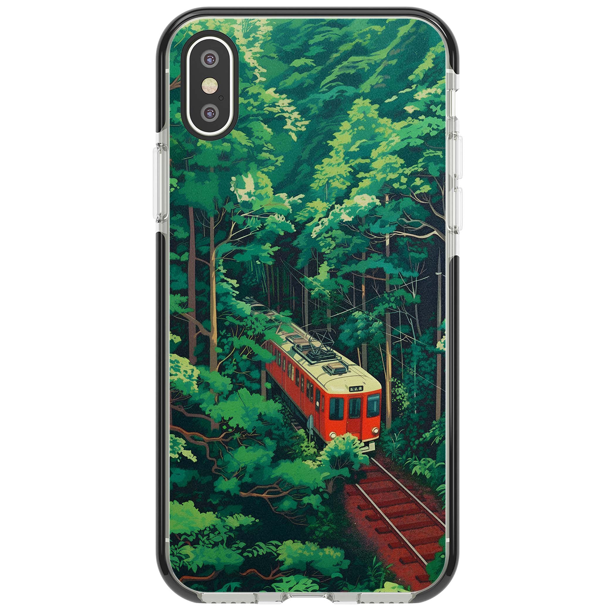 Railway In Toyama Japanese iPhone case featuring a red train, cedar forest and winding mountain railway tracks | Black Impact case for iPhone X, iPhone XS Max, iPhone XR