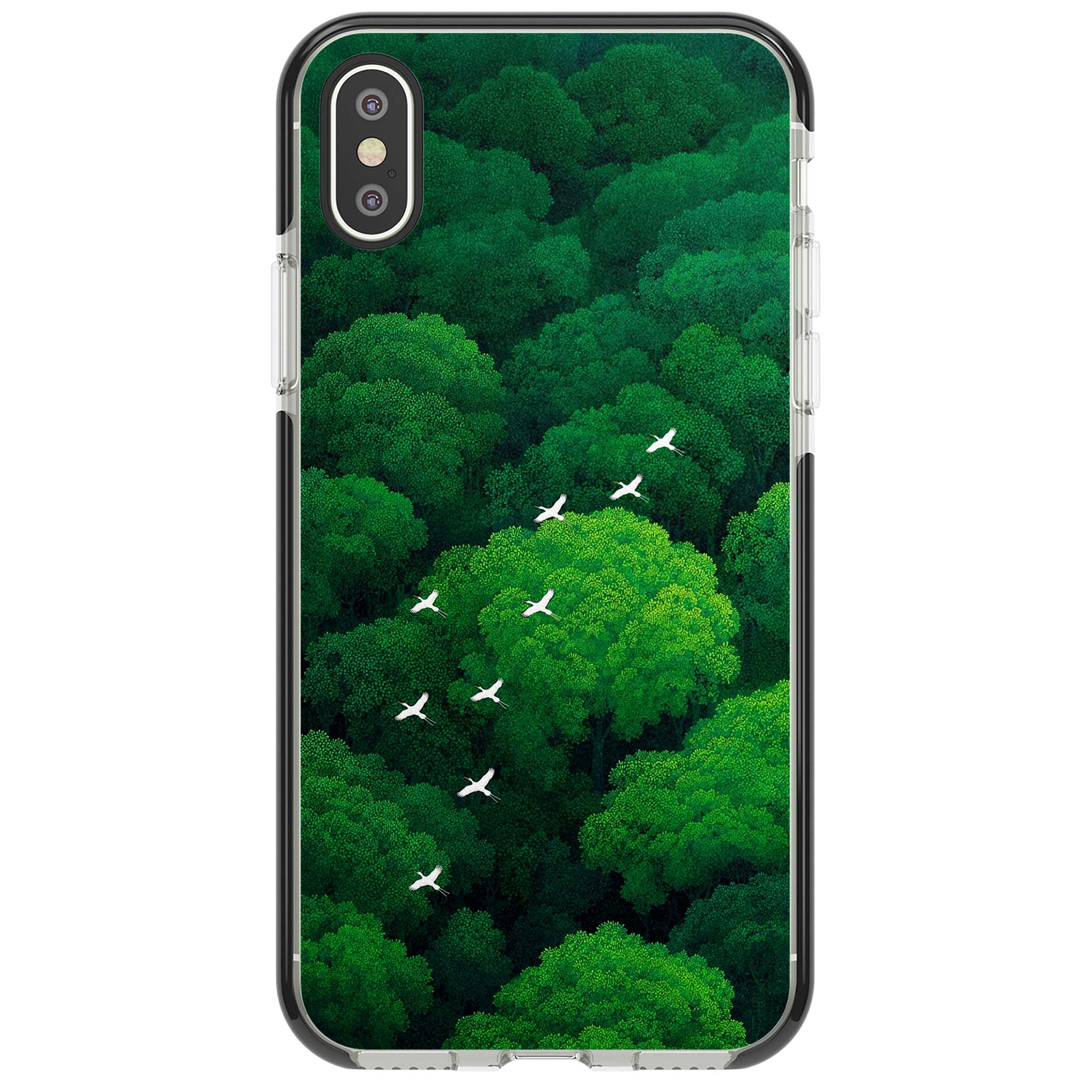Grove Migration forest iPhone case featuring white cranes flying over lush green treetop canopy | Black Impact case for iPhone X, iPhone XS Max, iPhone XR