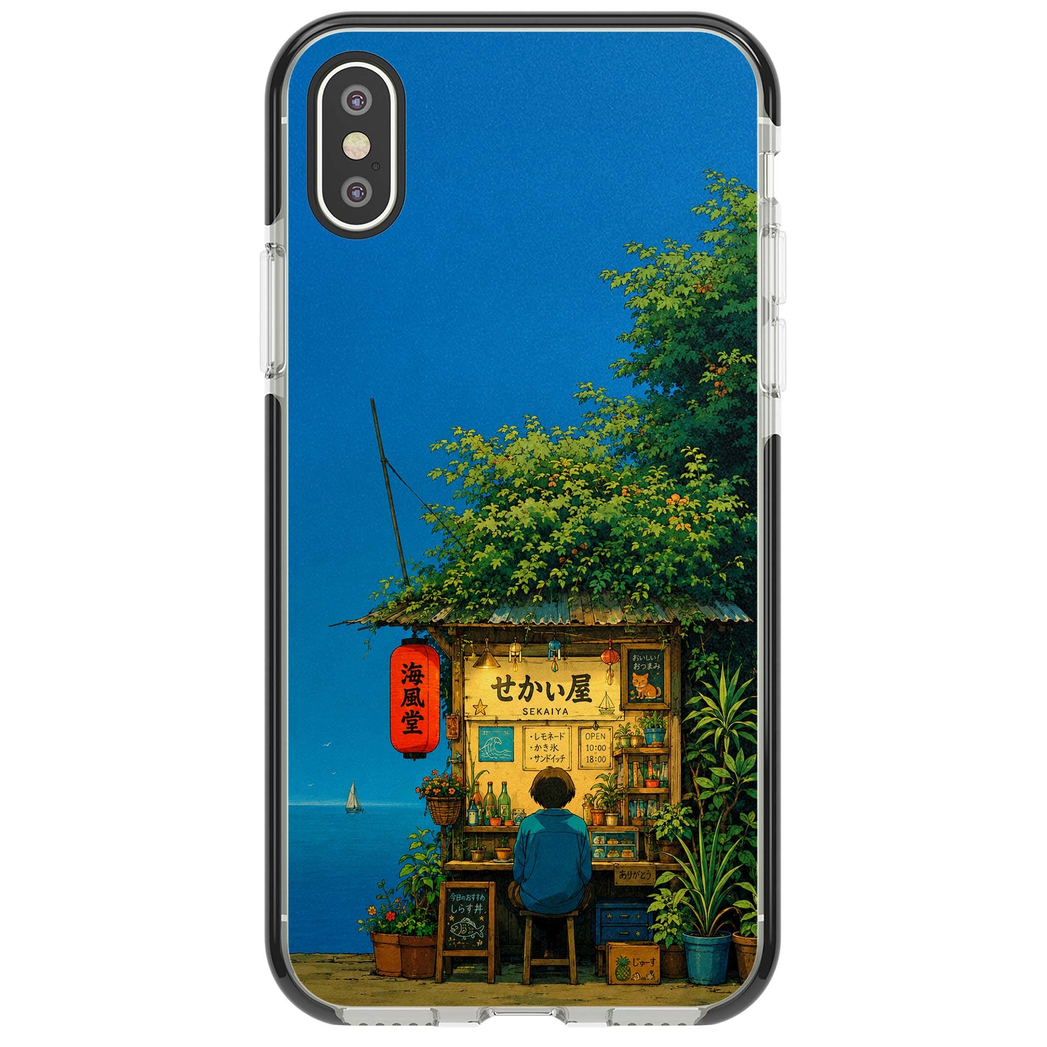 The Shirahama Kiosk anime iPhone case featuring a Japanese seaside shop, red paper lantern and ocean view | Black Impact case for iPhone X, iPhone XS Max, iPhone XR