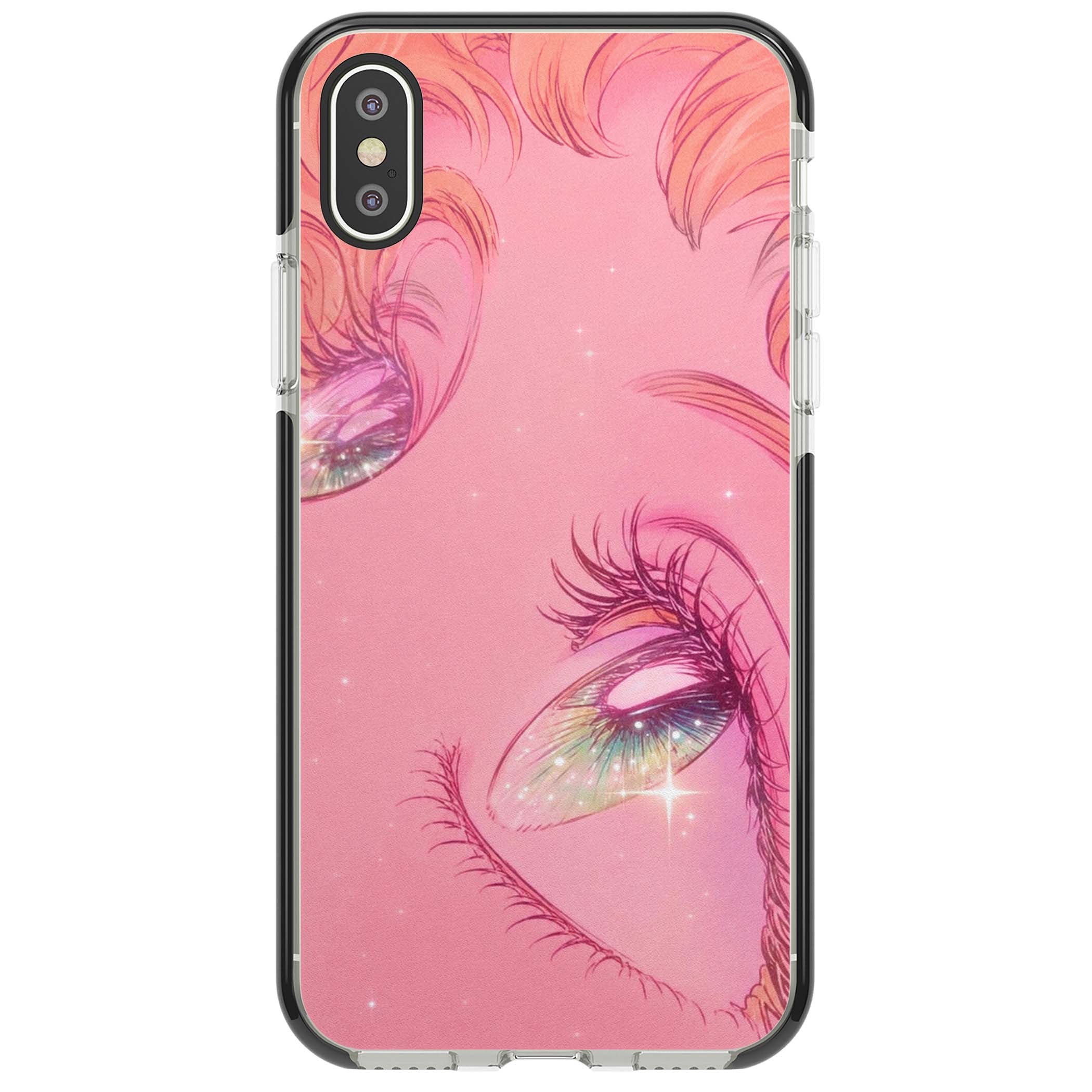Pink Ethereal Gaze anime iPhone case featuring sparkling manga eyes, coral lashes and dreamy peach sky | Black Impact case for iPhone X, iPhone XS Max, iPhone XR