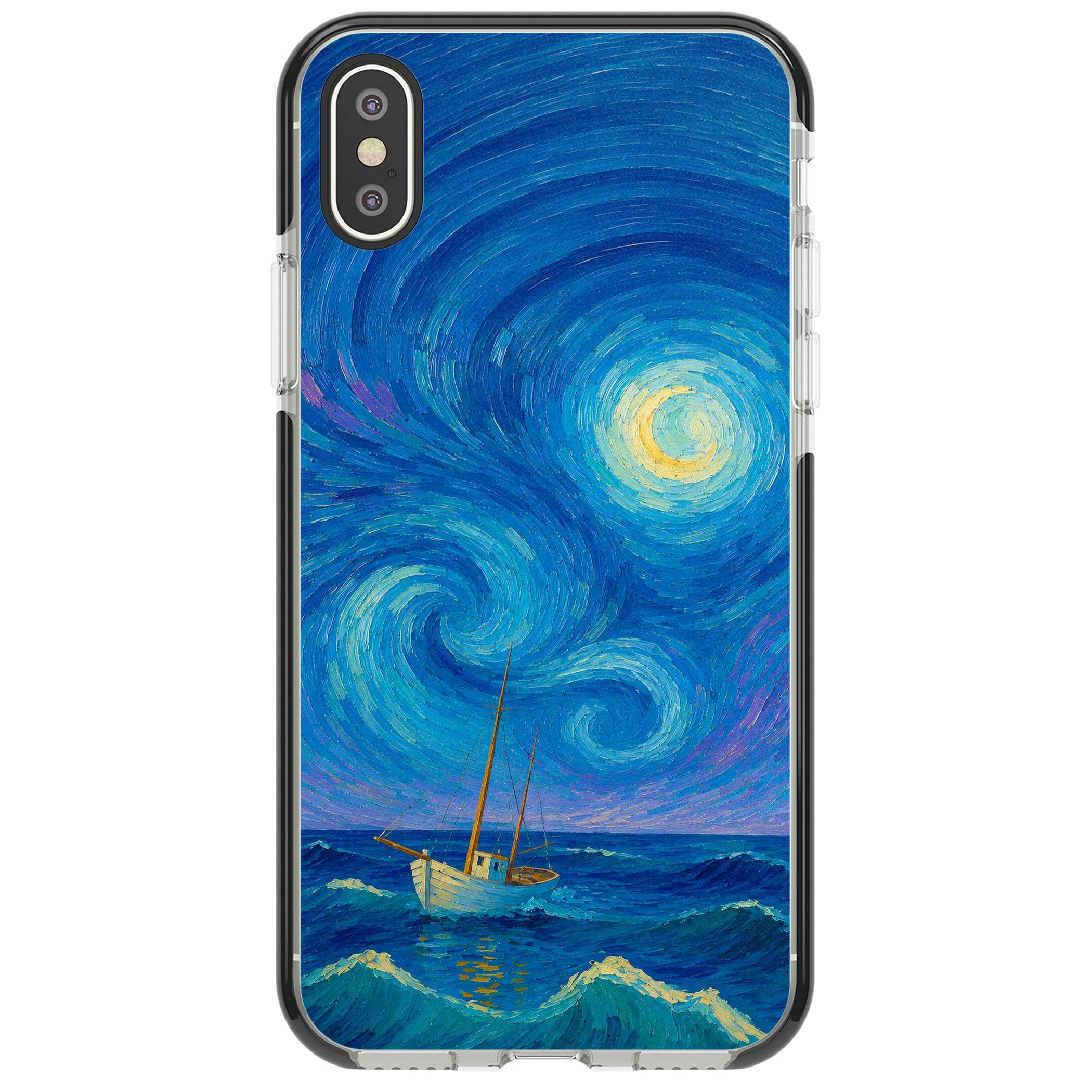 Moonlit Tide Van Gogh art iPhone case featuring swirling starry night sky, glowing moon and lone sailing boat at sea | Black Impact case for iPhone X, iPhone XS Max, iPhone XR