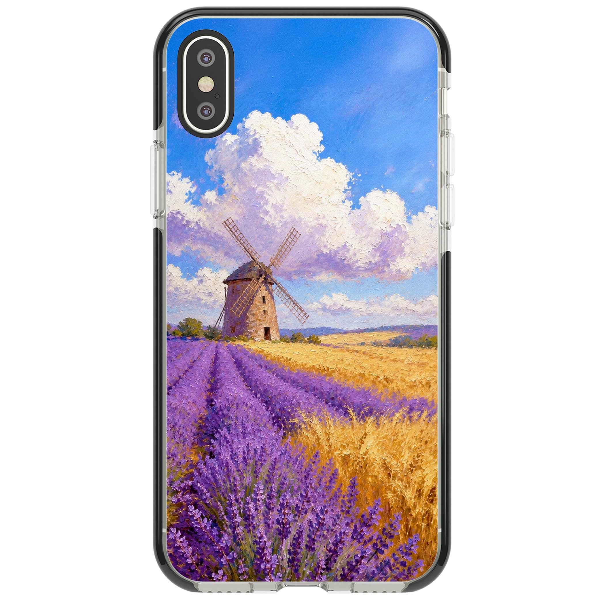Lavender Mill cottagecore iPhone case featuring a French windmill, lavender field and golden wheat oil painting | Black Impact case for iPhone X, iPhone XS Max, iPhone XR