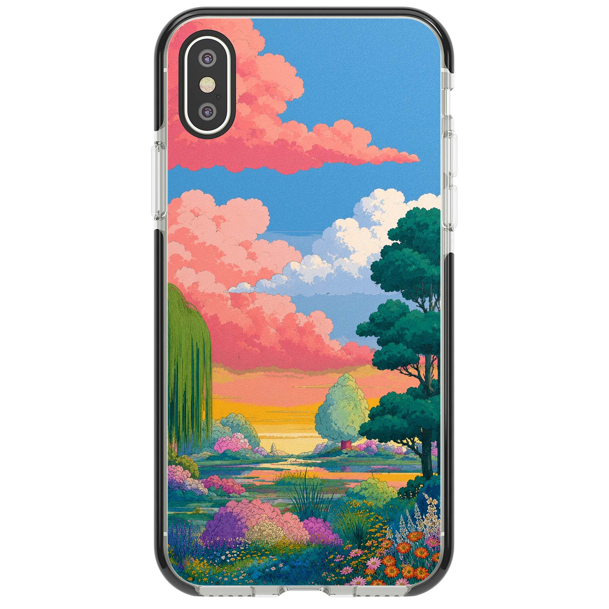 Dream Valley anime landscape iPhone case featuring pink sunset clouds, willow trees and wildflowers | Black Impact case for iPhone X, iPhone XS Max, iPhone XR
