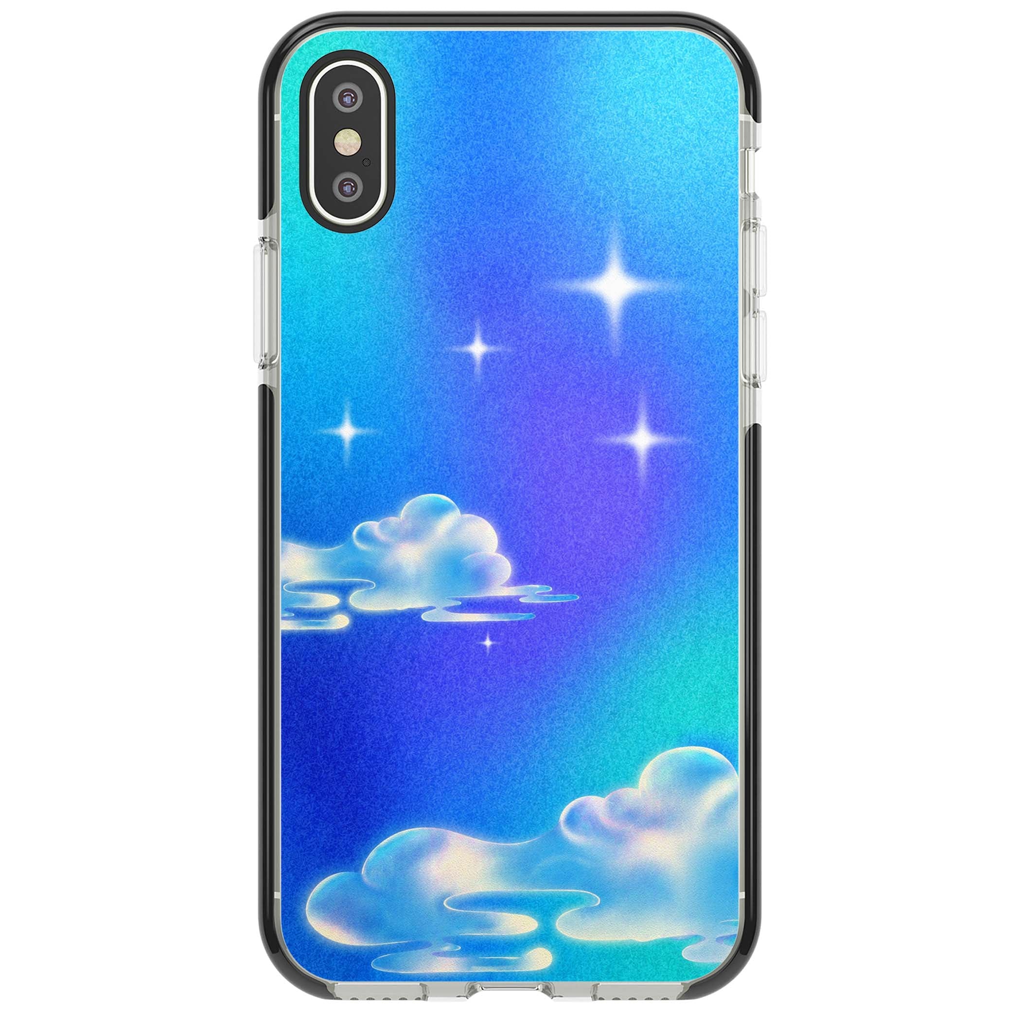 Aurora celestial iPhone case featuring dreamy iridescent clouds, sparkling stars and pastel blue purple sky | Black Impact case for iPhone X, iPhone XS Max, iPhone XR