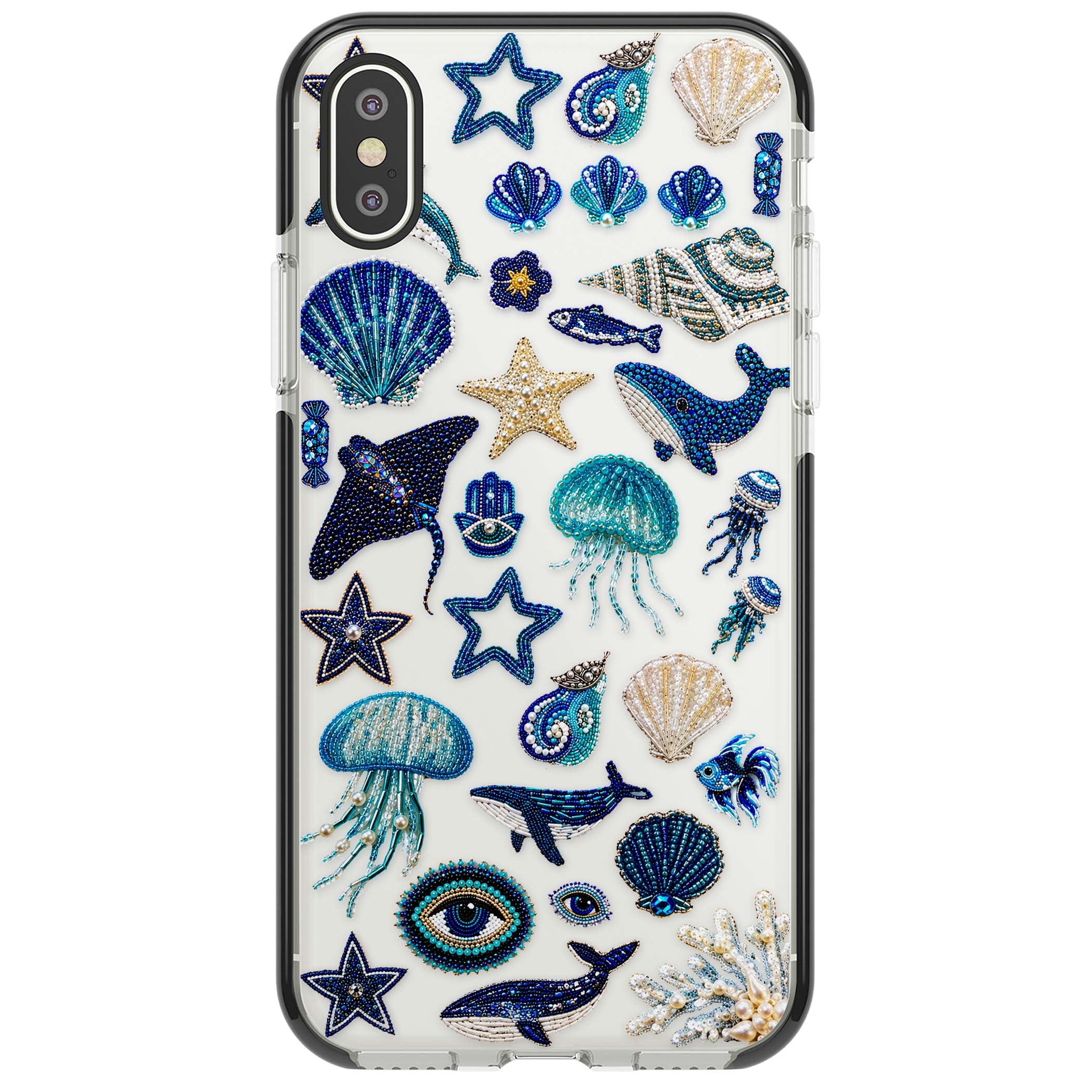 Beaded Coastal coastal iPhone case featuring embroidered seashells, jellyfish and a blue whale on clear | Black Impact case for iPhone X, iPhone XS Max, iPhone XR