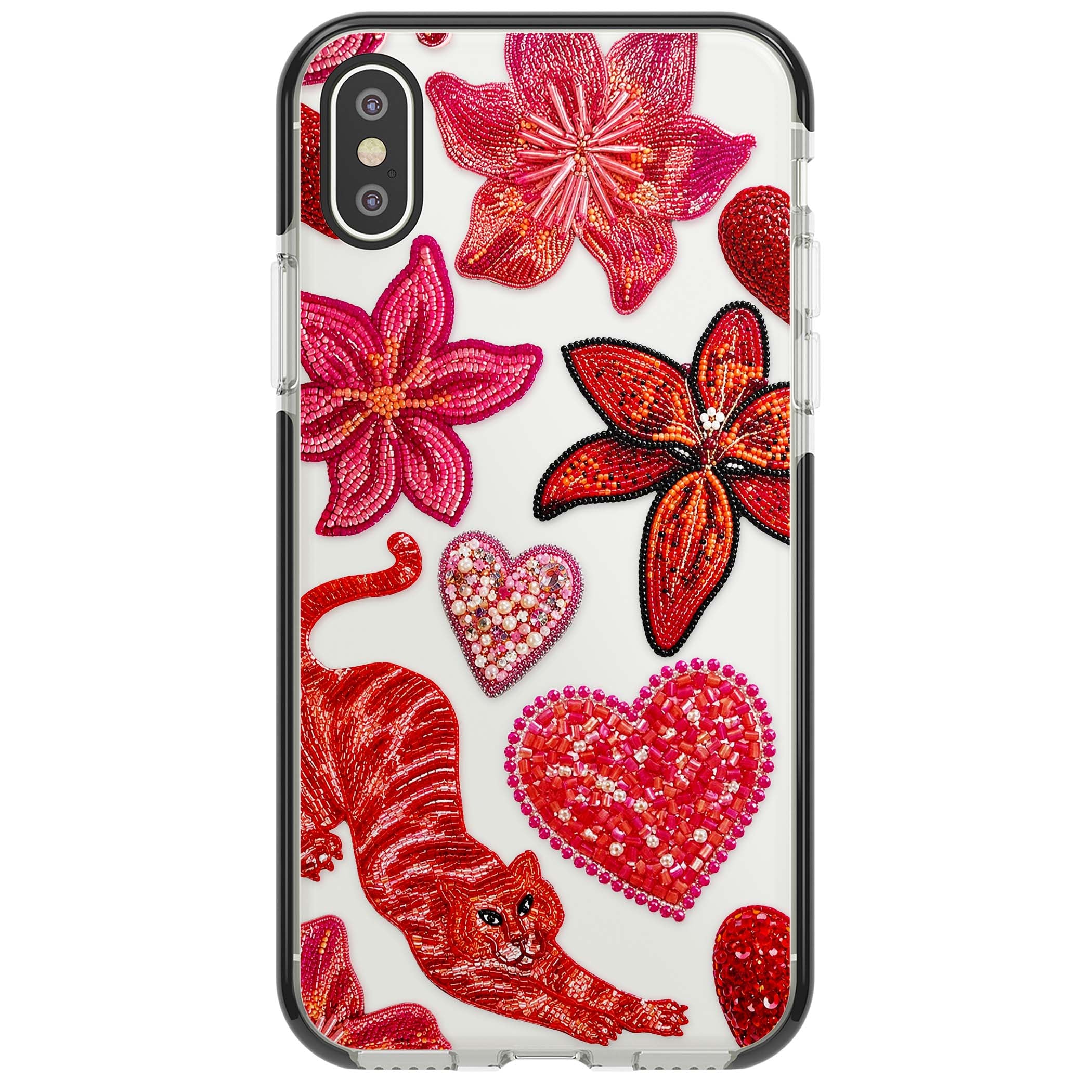Beaded Boho floral iPhone case featuring beaded red lilies, a stitched tiger, and pearl-encrusted hearts on clear | Black Impact case for iPhone X, iPhone XS Max, iPhone XR