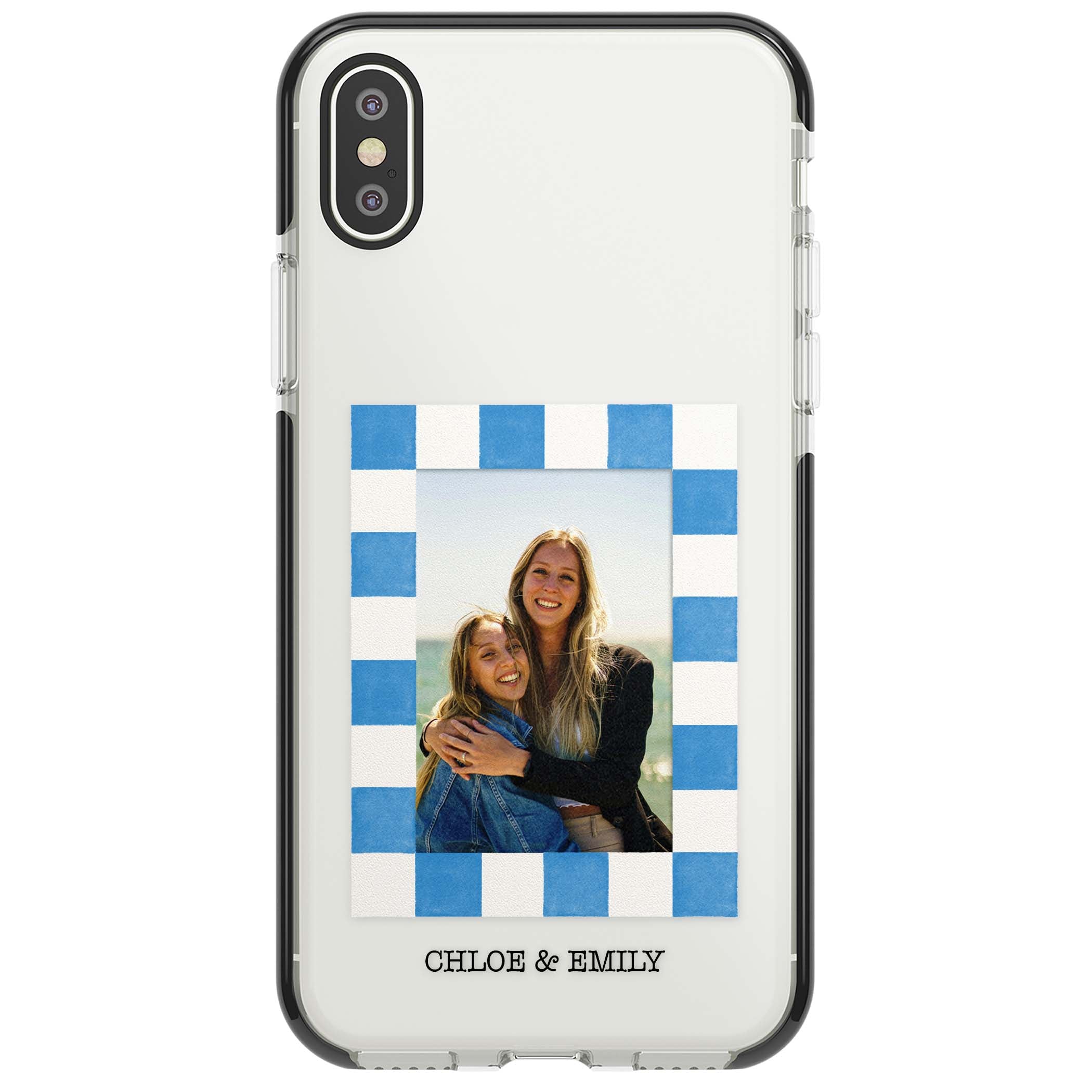 Blue Check Photo personalised photo iPhone case with blue checkered frame and custom couple names | Black Impact case for iPhone X, iPhone XS Max, iPhone XR