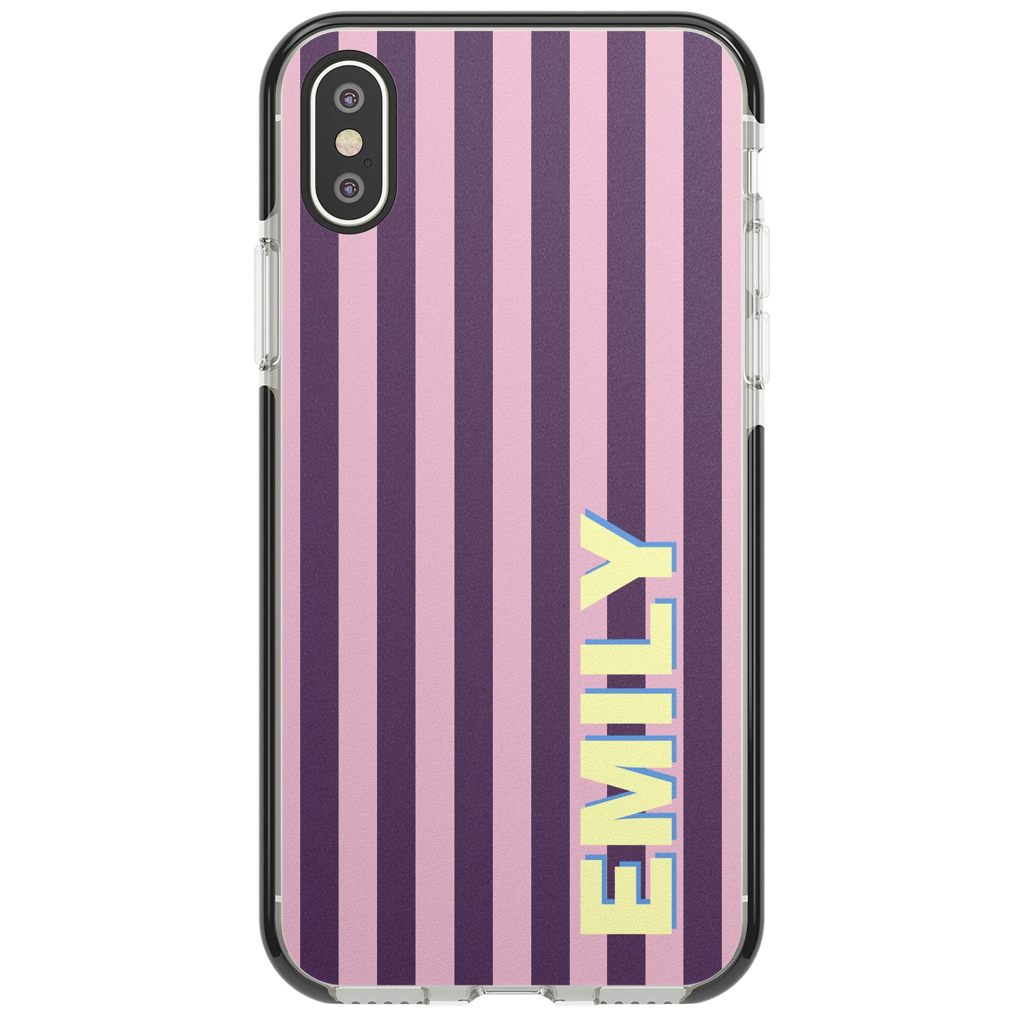 Tyre Stripe personalised stripe iPhone case with plum and pink vertical stripes and custom yellow name | Black Impact case for iPhone X, iPhone XS Max, iPhone XR
