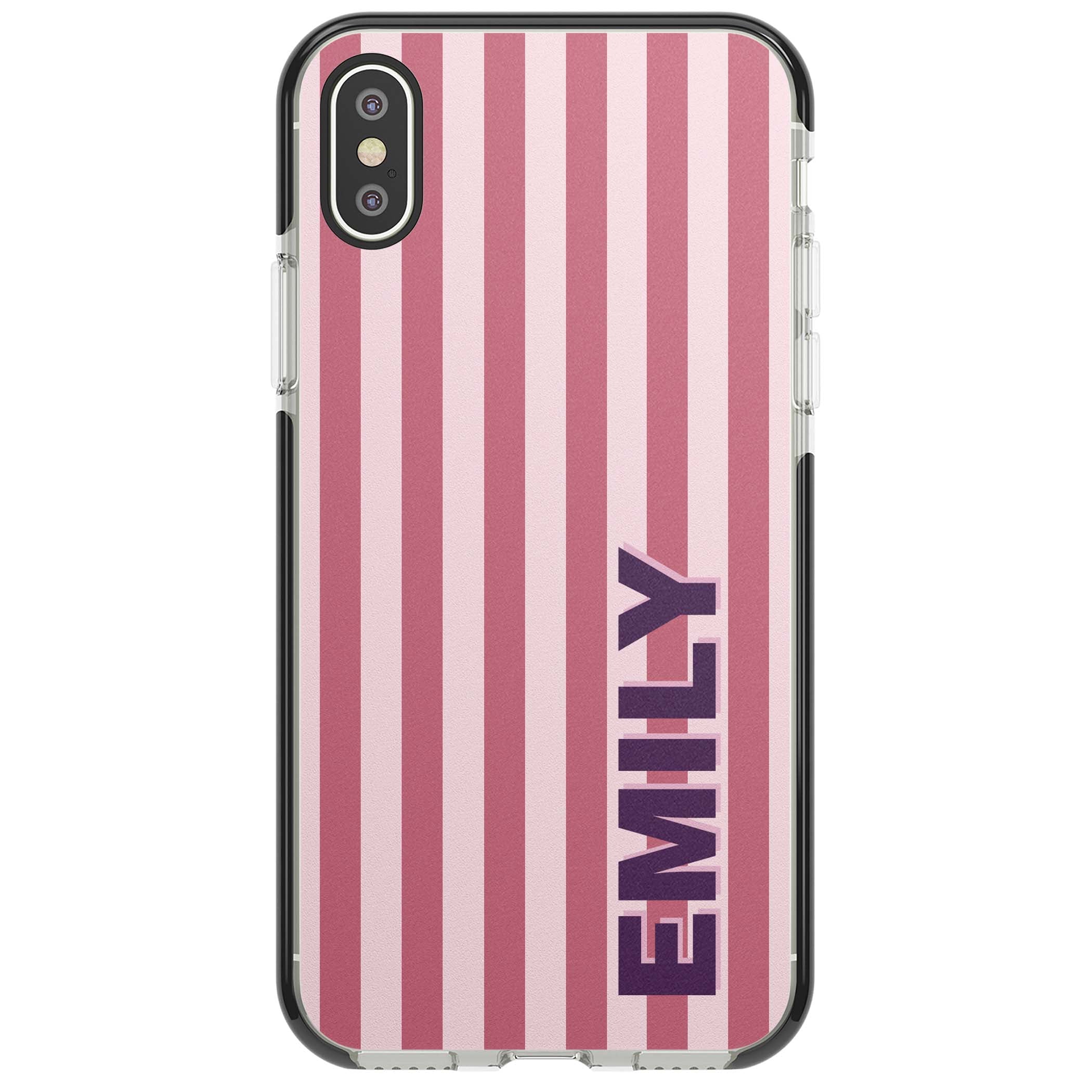 Victoria Stripe personalised iPhone case featuring pink vertical stripes and custom name in bold plum lettering | Black Impact case for iPhone X, iPhone XS Max, iPhone XR
