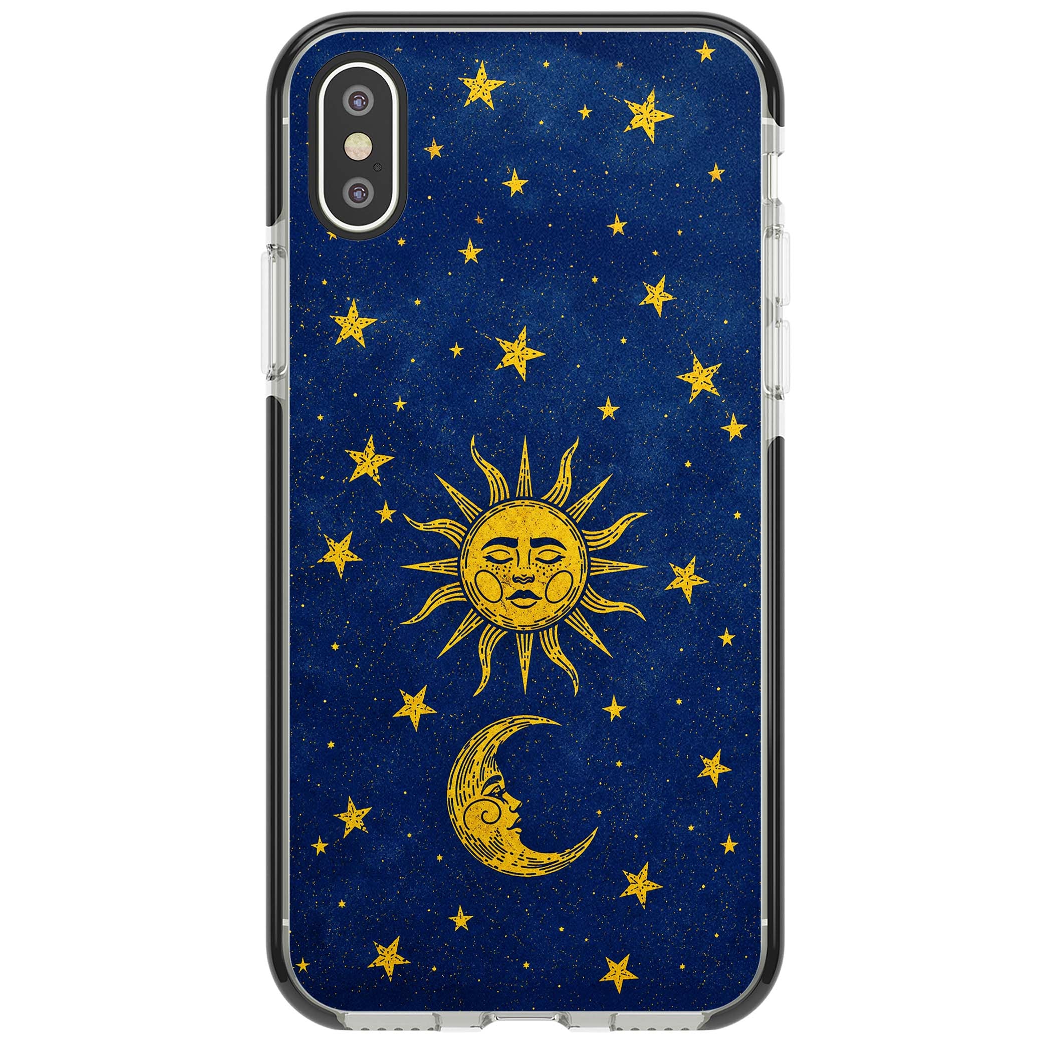 Sun & Moon Reverie celestial iPhone case featuring a vintage golden sun, crescent moon and scattered stars on midnight blue | Black Impact case for iPhone X, iPhone XS Max, iPhone XR