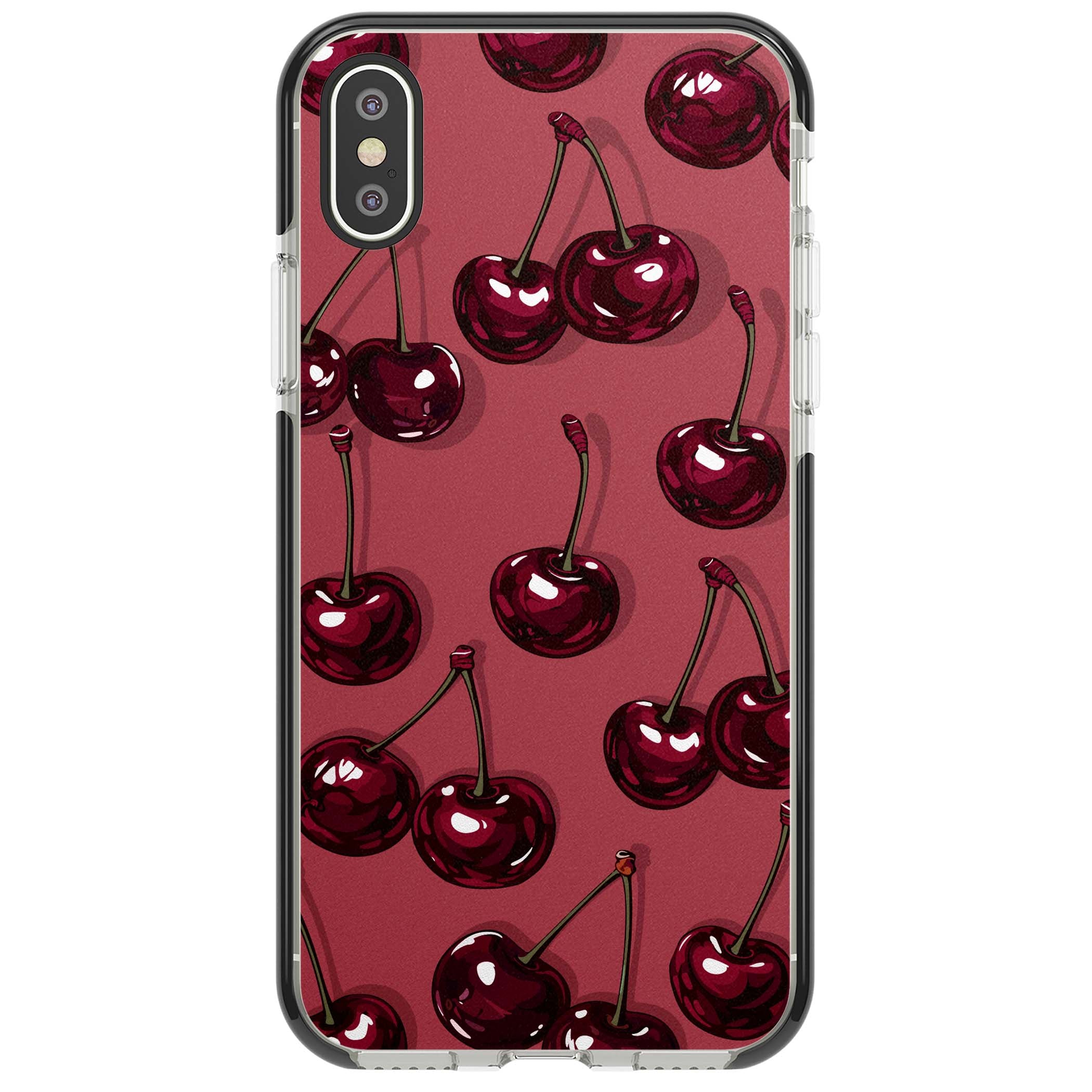 Cherry Rebel coquette iPhone case featuring glossy burgundy cherries on a dusty rose background | Black Impact case for iPhone X, iPhone XS Max, iPhone XR