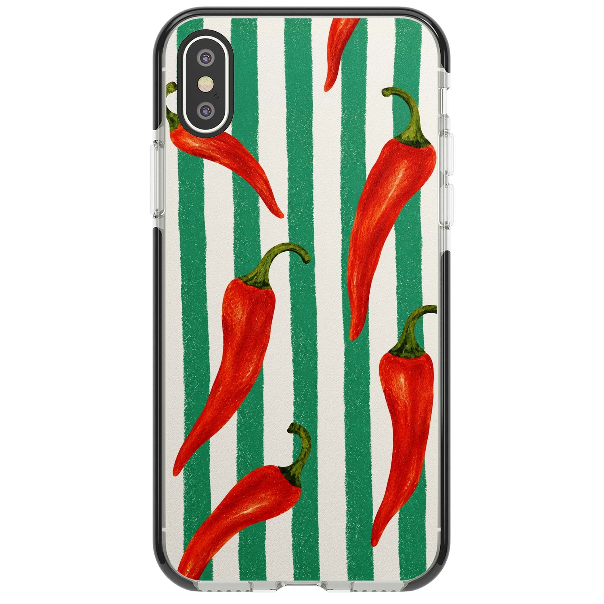 Striped Chillis coastal iPhone case featuring hand-painted red chili peppers on green and cream stripes | Black Impact case for iPhone X, iPhone XS Max, iPhone XR