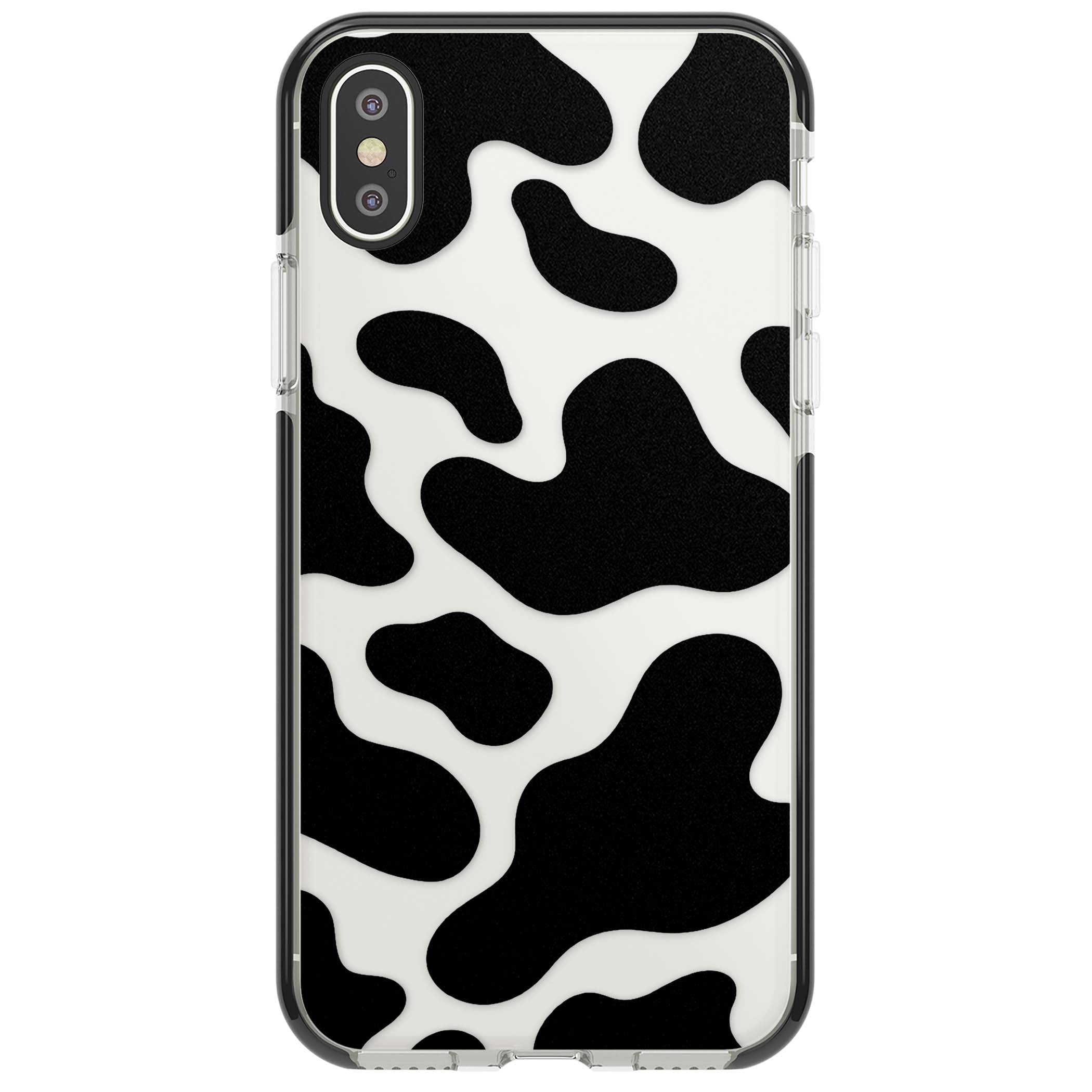 Clear Cow Print cow print iPhone case featuring black and white cow pattern splotches on a clear background | Black Impact case for iPhone X, iPhone XS Max, iPhone XR
