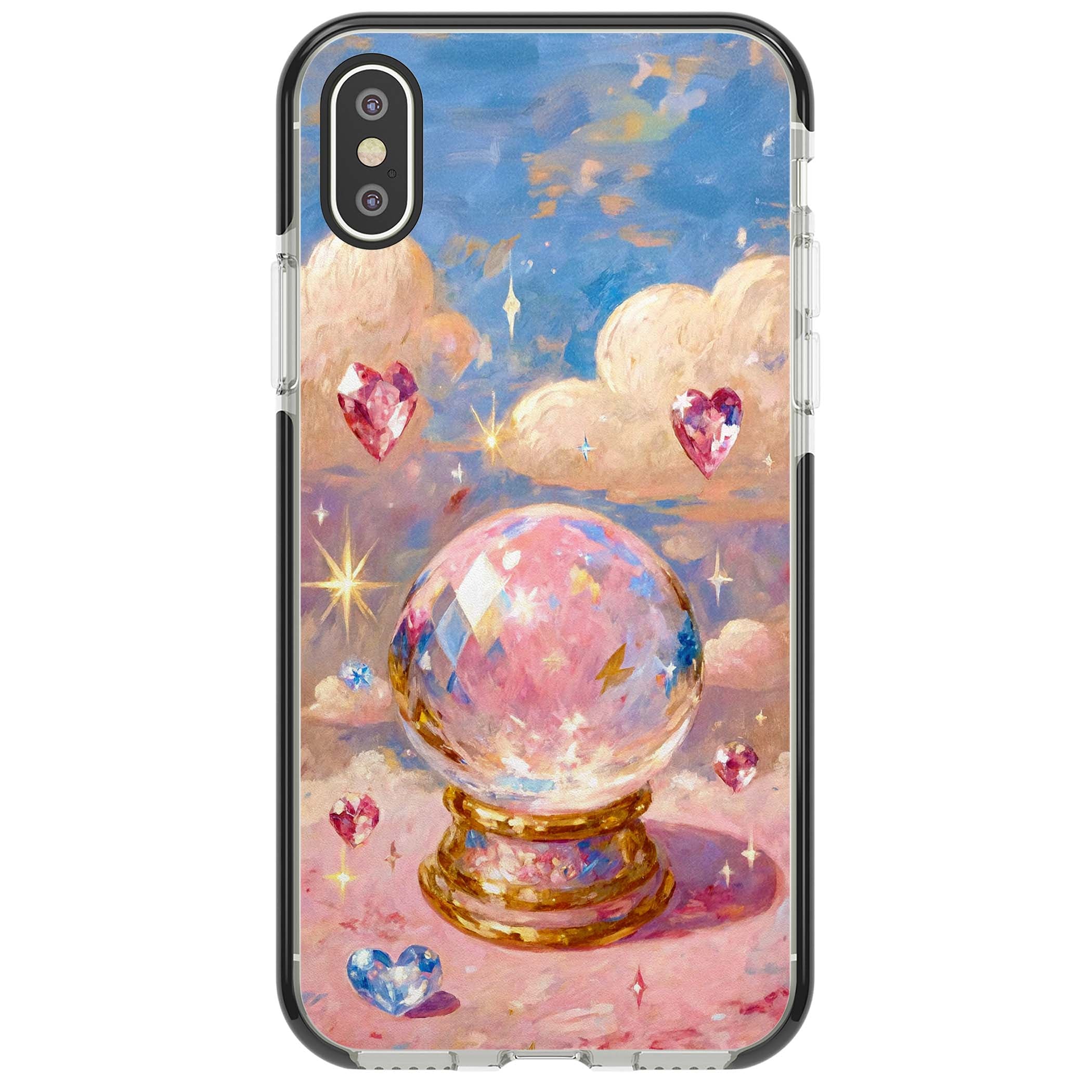 Crystal Ball fairycore iPhone case featuring a painted crystal ball, heart gemstones, and pastel clouds | Black Impact case for iPhone X, iPhone XS Max, iPhone XR
