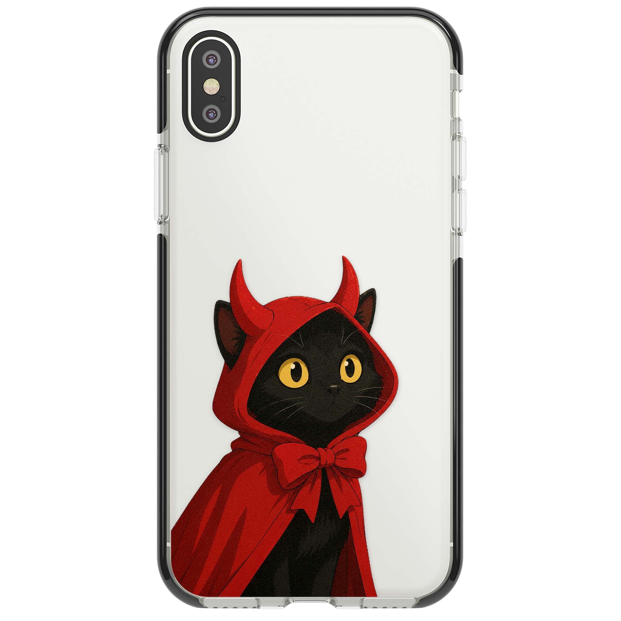 Little Devil halloween iPhone case featuring a black cat in a red hooded devil cloak with horns and golden eyes | Black Impact case for iPhone X, iPhone XS Max, iPhone XR