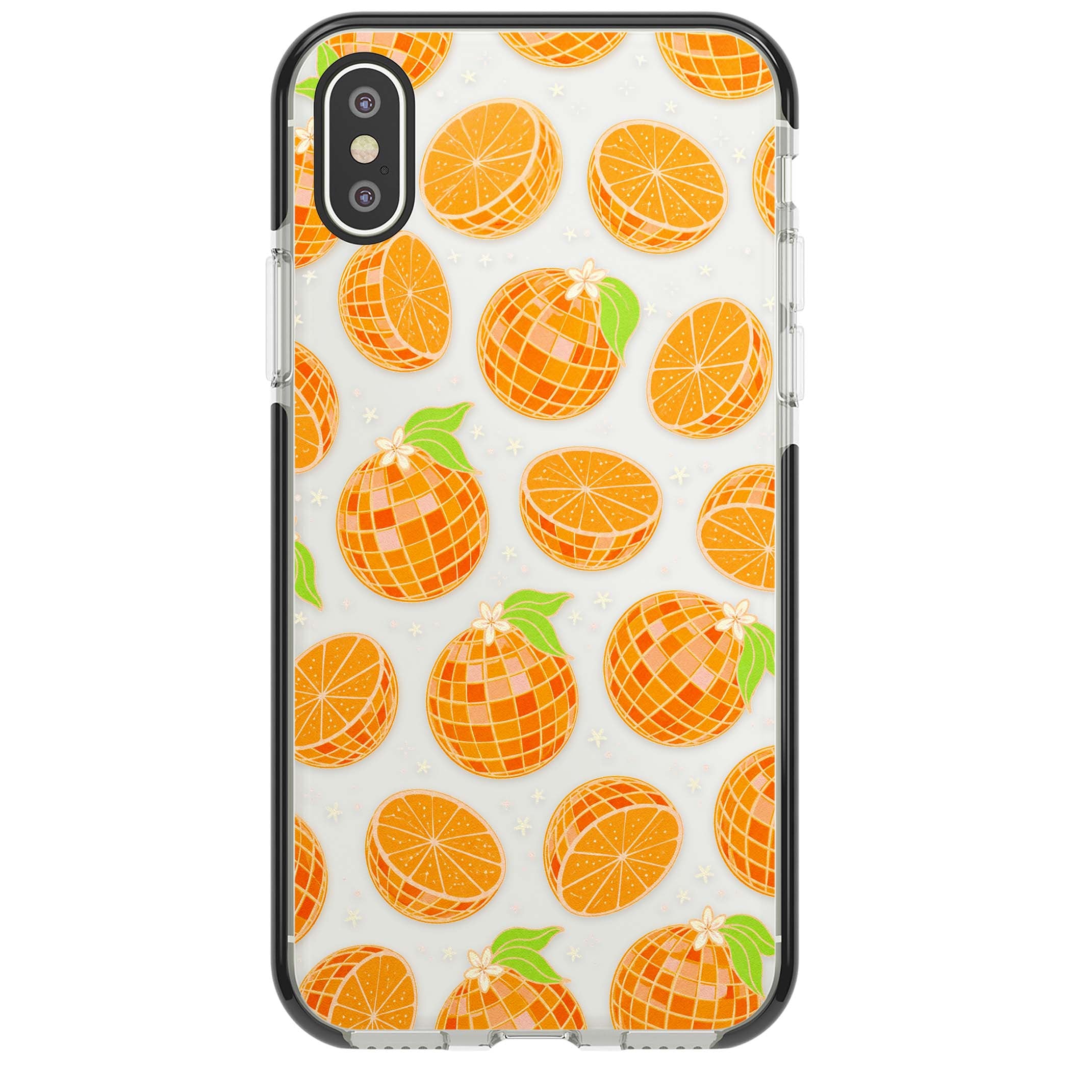 Disco Oranges retro iPhone case featuring mirrorball oranges, citrus slices and tiny blossoms on clear | Black Impact case for iPhone X, iPhone XS Max, iPhone XR
