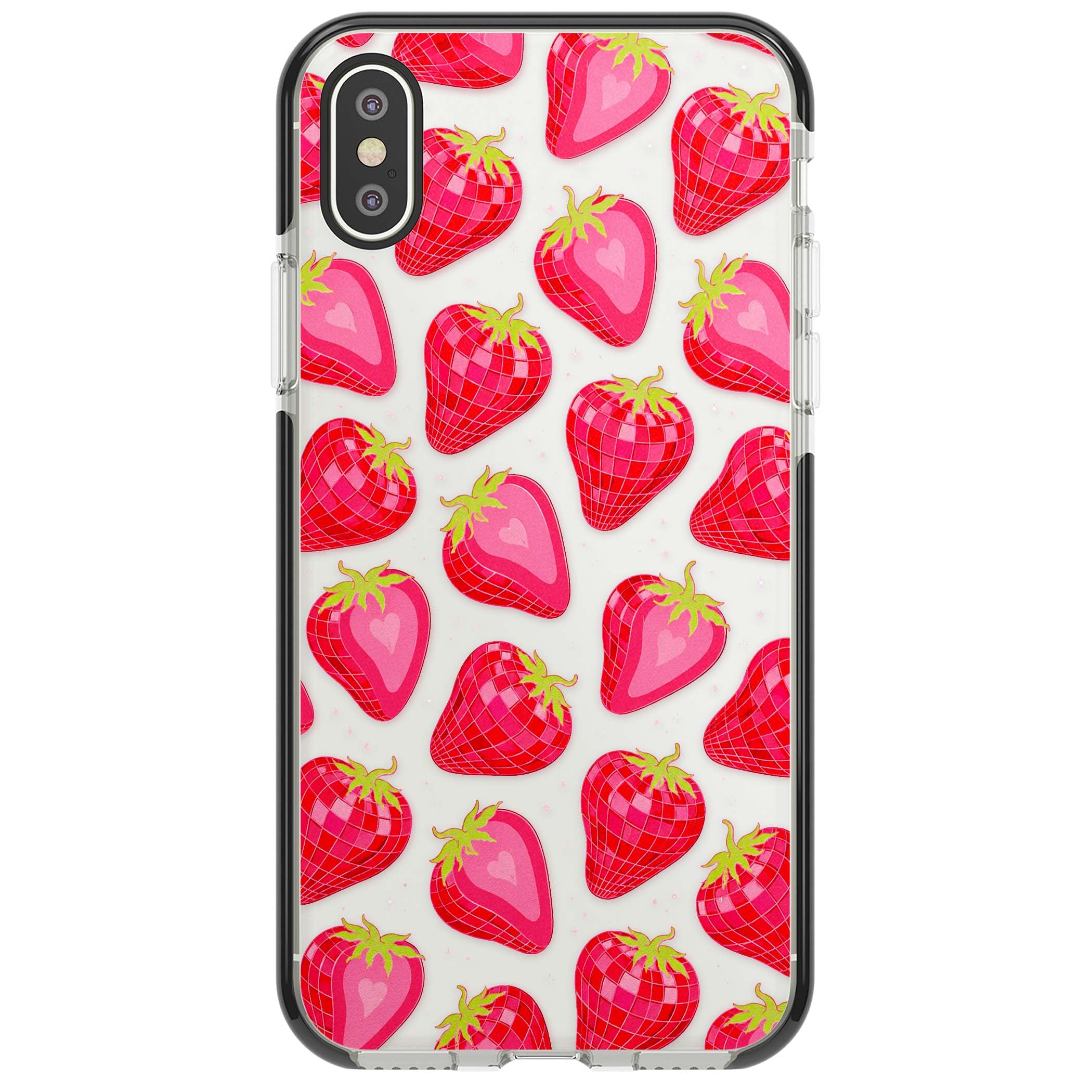 Disco Strawberry Y2K iPhone case featuring pink disco-ball strawberries, green leaves and tiny sparkles | Black Impact case for iPhone X, iPhone XS Max, iPhone XR