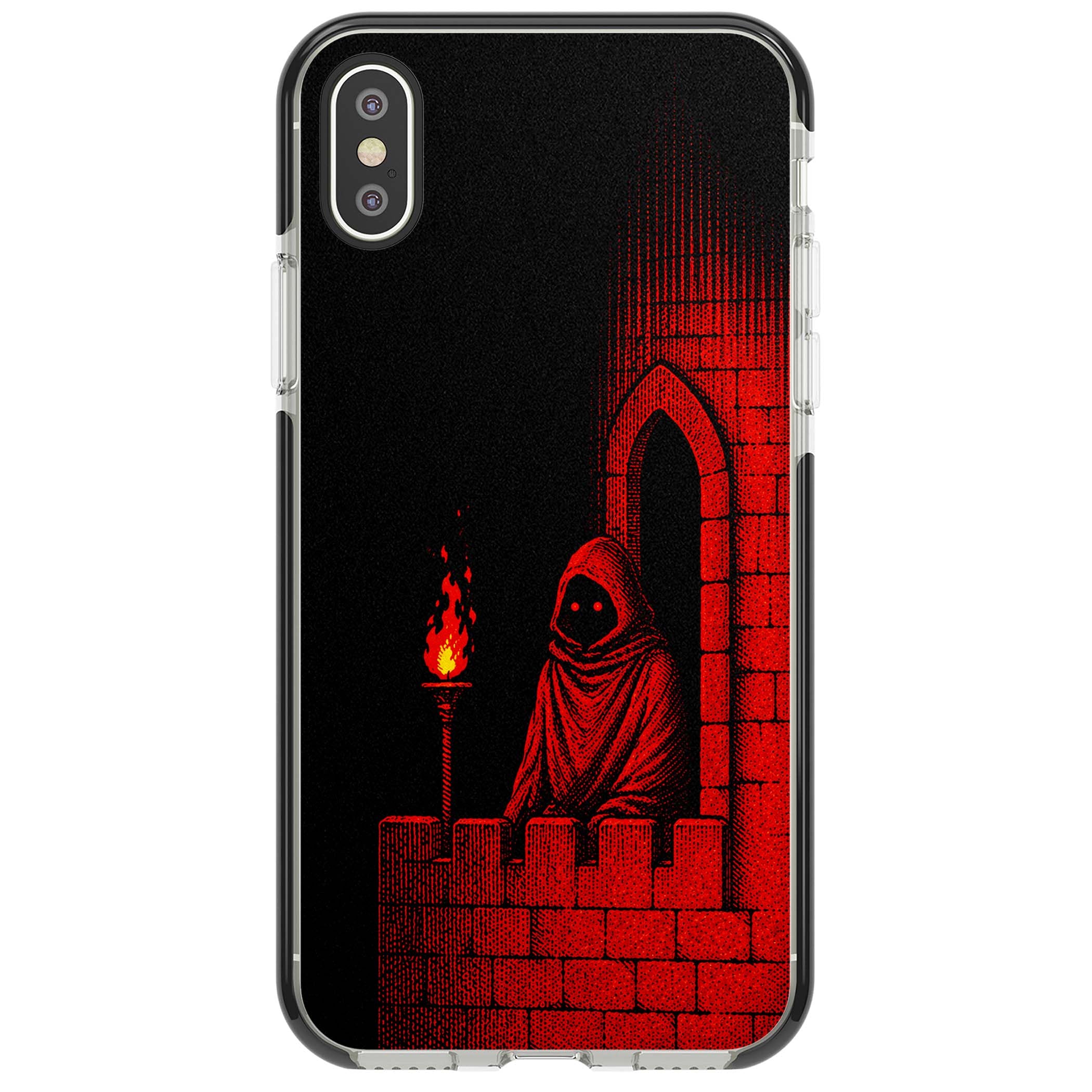 Crimson Crypt gothic iPhone case featuring a hooded reaper, torchlit crypt archway and red halftone horror art | Black Impact case for iPhone X, iPhone XS Max, iPhone XR