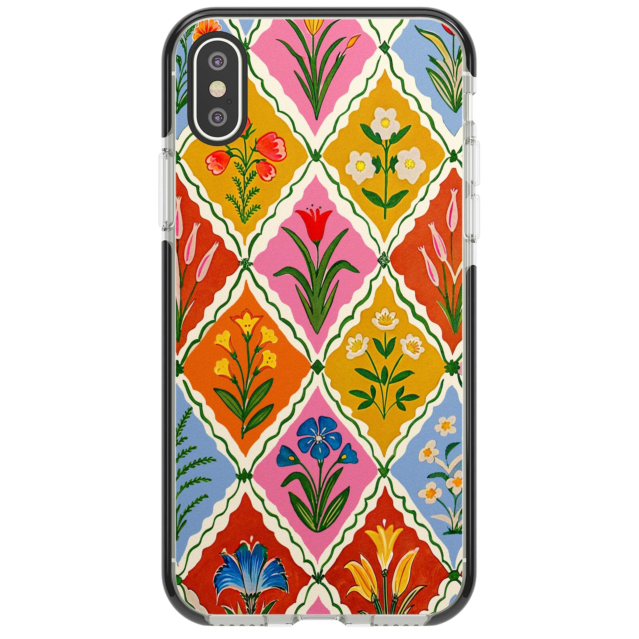 Floral Quilt boho floral iPhone case featuring diamond lattice pattern, hand-painted tulips and folk art wildflowers | Black Impact case for iPhone X, iPhone XS Max, iPhone XR