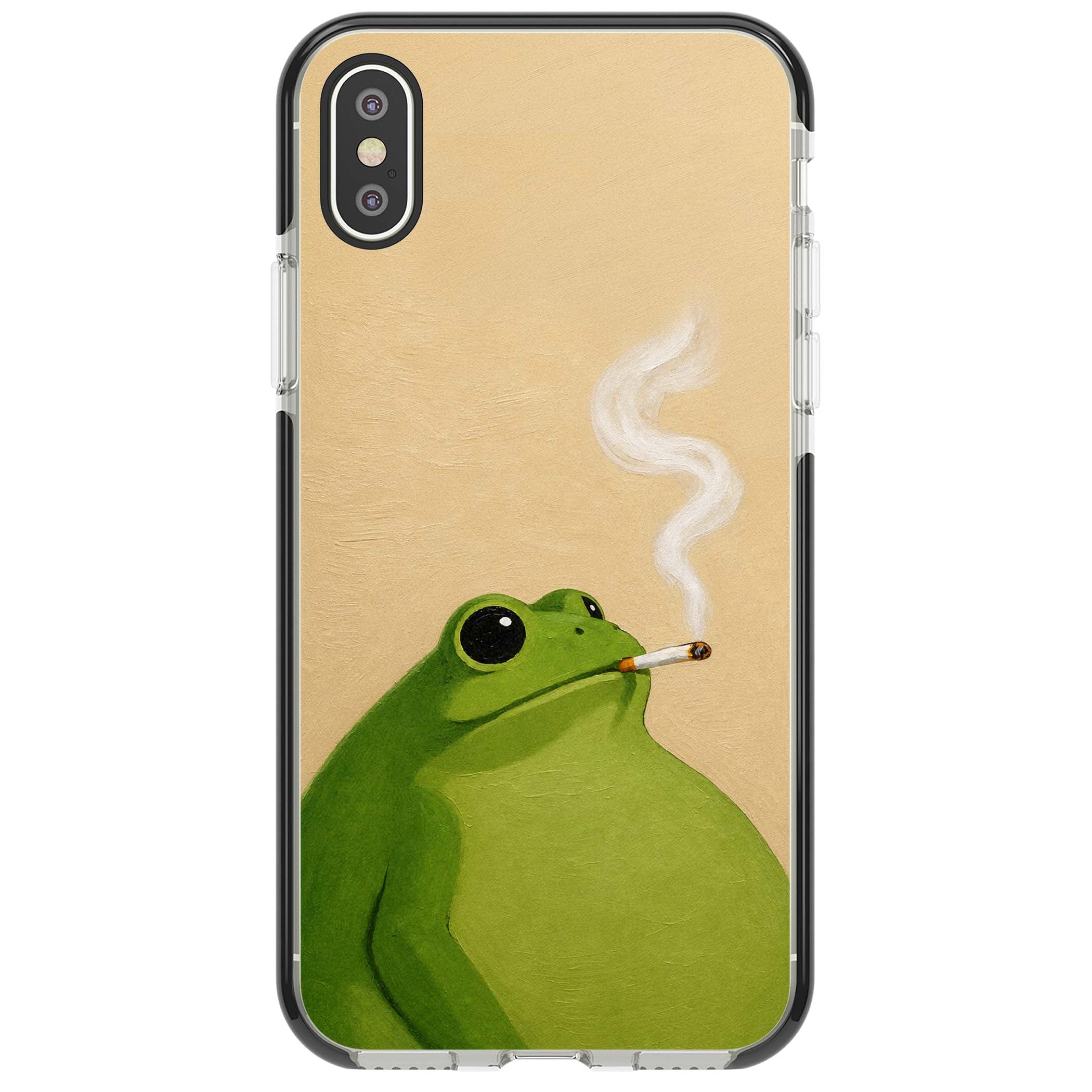 The Smoking Frog cottagecore iPhone case featuring a hand-painted green frog smoking a cigarette on a cream oil painting back | Black Impact case for iPhone X, iPhone XS Max, iPhone XR